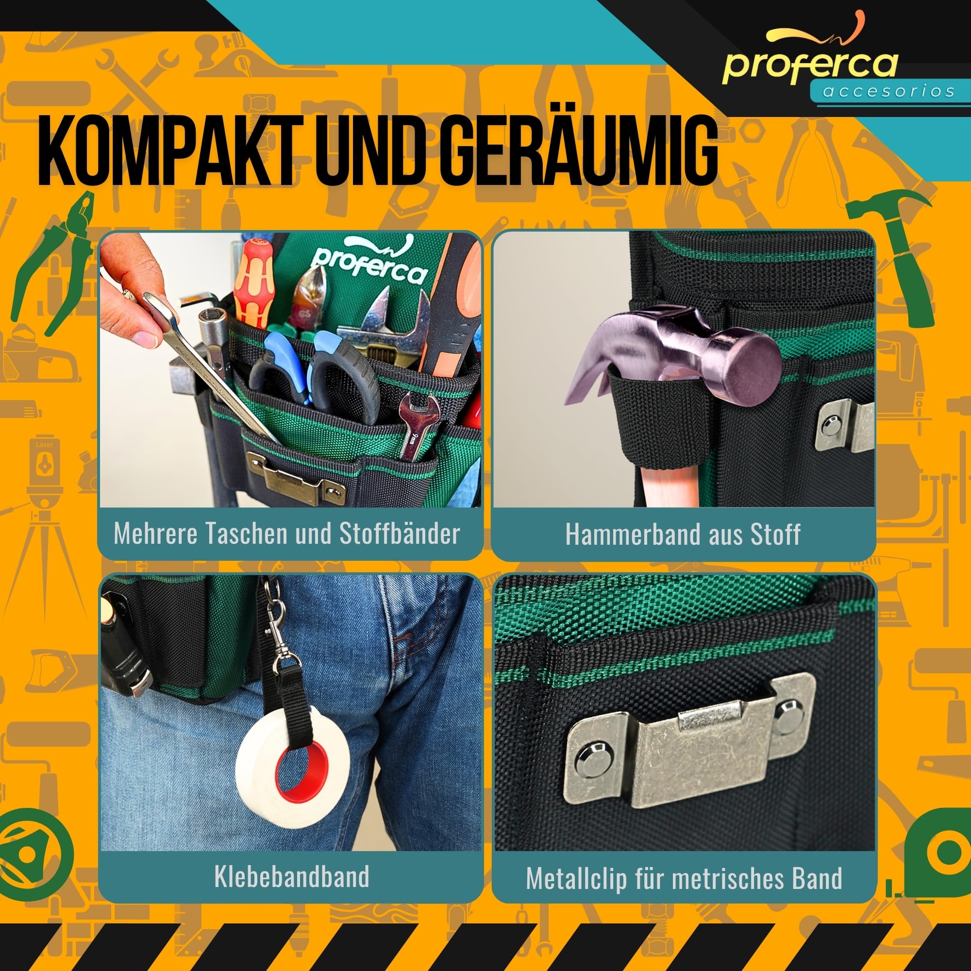 Werkzeuggürtel | robuster Stoff, 1680D | werkzeugtasche gürtel mit Mehreren Taschen | Spezialgürtel für Elektriker | Handwerker Gürtel