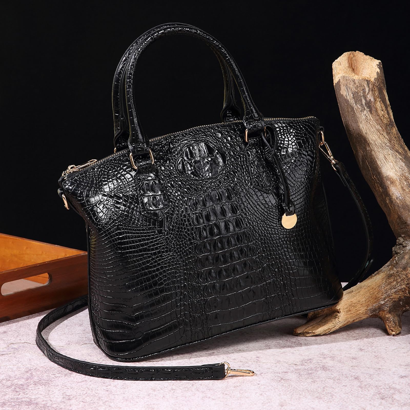 NICOLE & DORIS Bolso de Mujer Bolso de Cocodrilo Bolsos de Mano Elegante Bolso Bandolera PU Cuero Bolso de Hombro Bolsos Totes para Viajes Compras Trabajo Negro