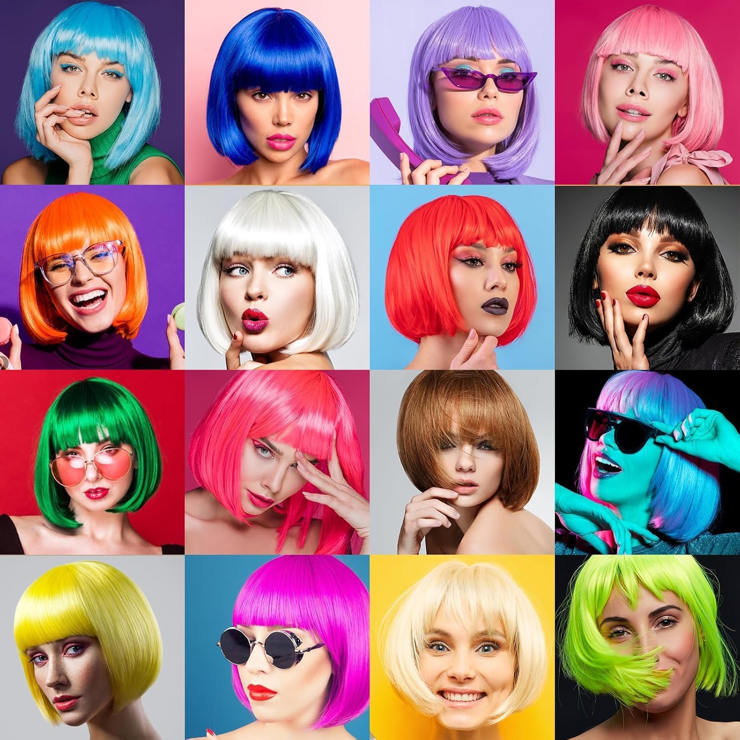 Set di 14 parrucche e occhiali da sole, capelli corti con retina per capelli, per addio al celibato, feste al neon