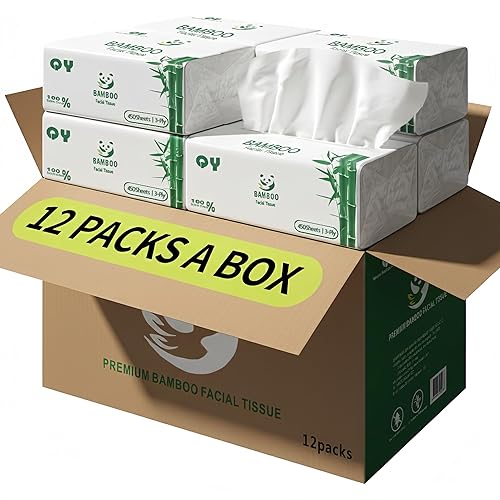 Vista 7 de Pañuelos faciales de bambú suaves y duraderos, papel facial natural sin blanquear de 3 capas, uso seco o húmedo, 12 paquetes