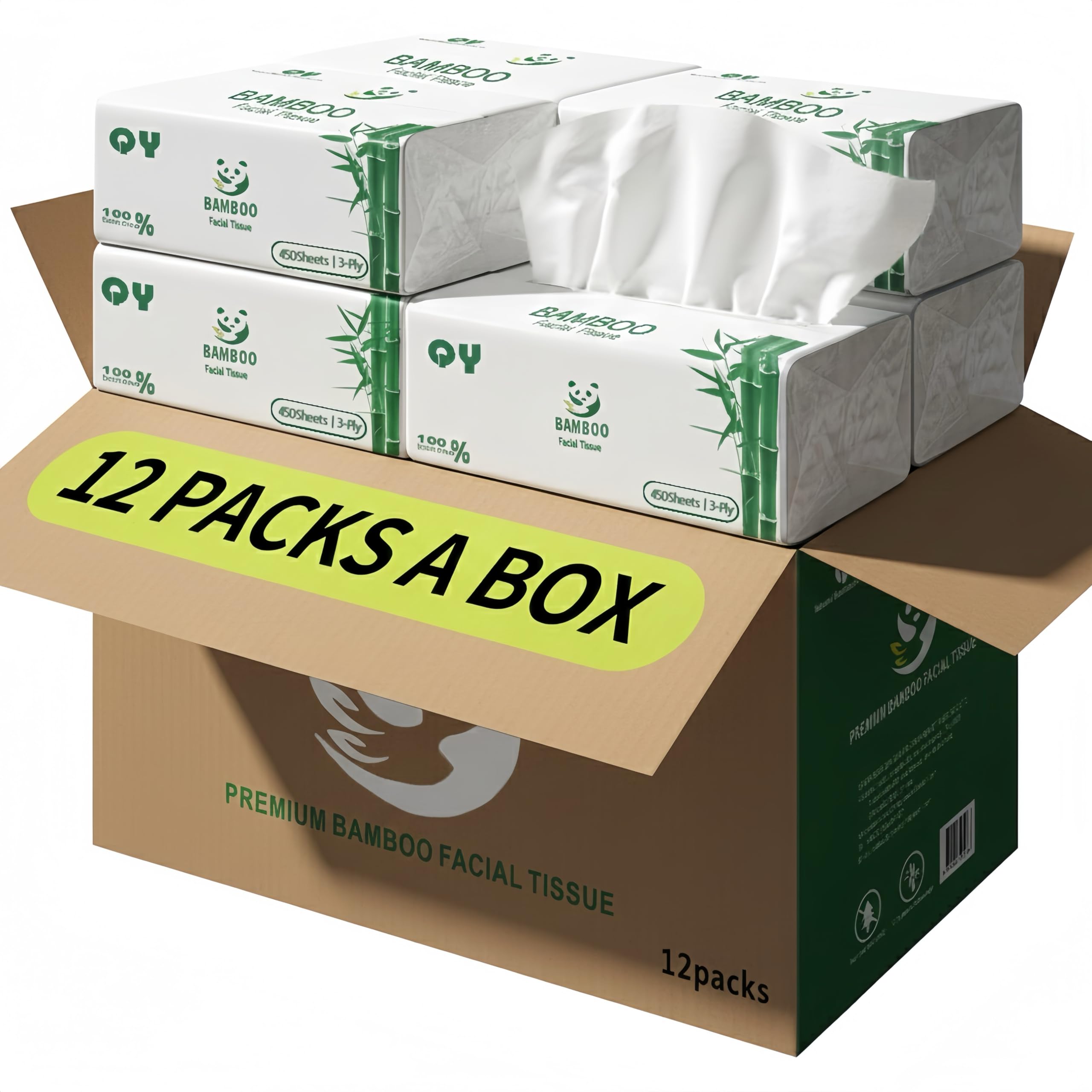 Soft Durable Bamboo Facial Tissues - 3 Ply bleached Facial Paper Dry or Wet Use 12 Packs 150