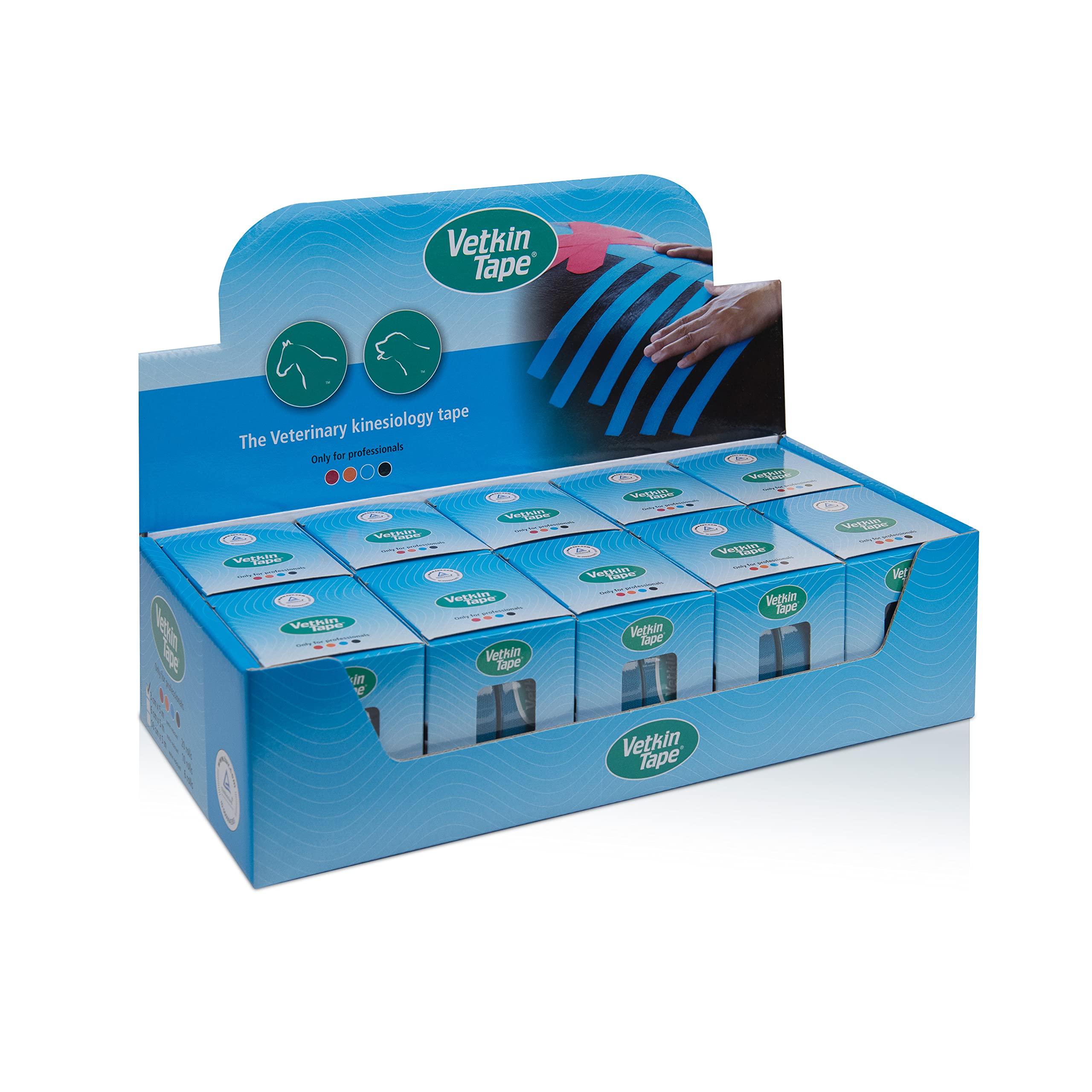 Cinta kinesiológica VetkinTape para caballos y perros en formato de 20 rollos azul de 3cmx5m