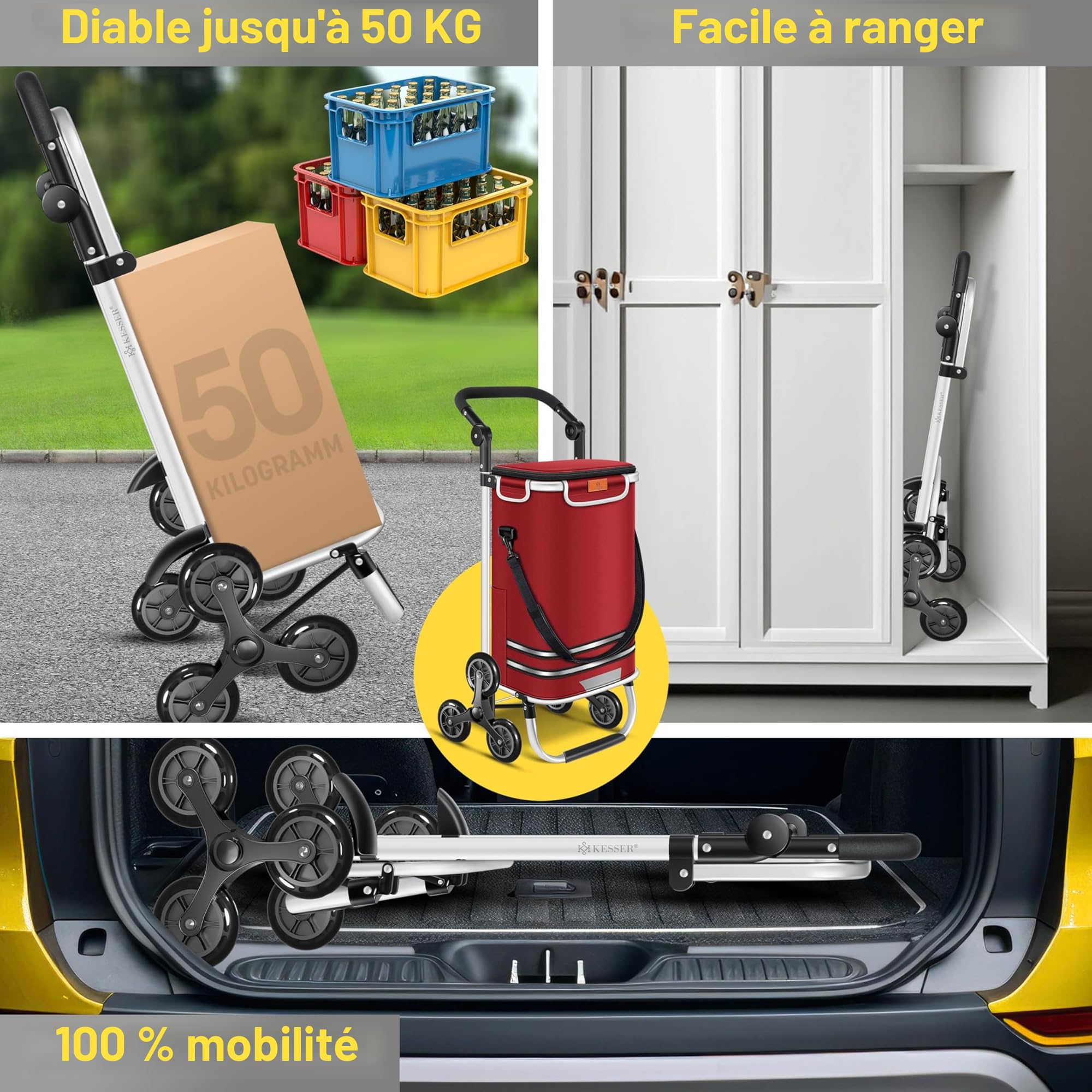 KESSER Chariot à provisions 56 L 50 kg pliable 3 en 1 avec compartiment réfrigérant Bordeaux
