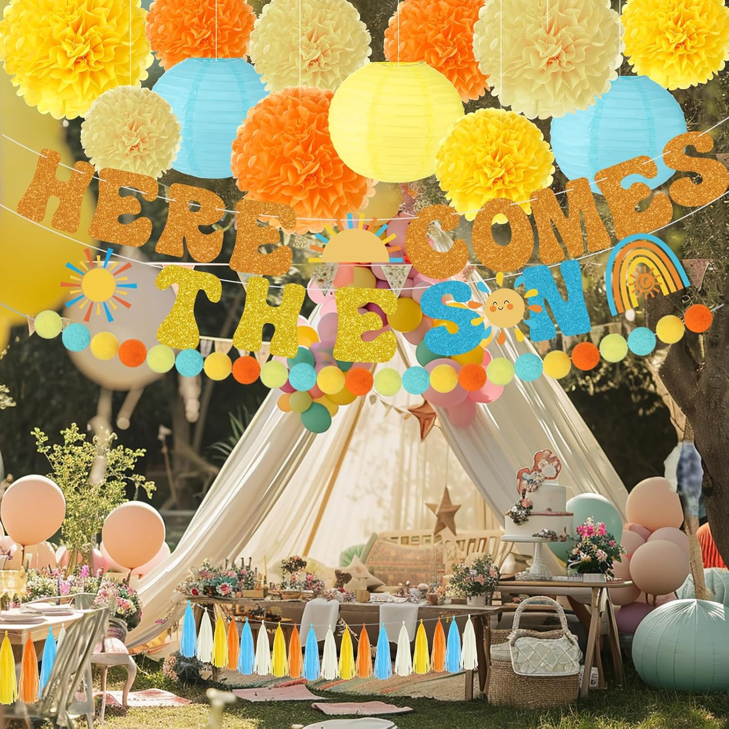 TaoBary Here Comes The Sun Baby themed Shower Banner Here Comes The Son Baby Shower Decorations with Tissue Pom Poms Garland Paper Lantern Boho Retro Sunshine 1st Birthday Party Supplies