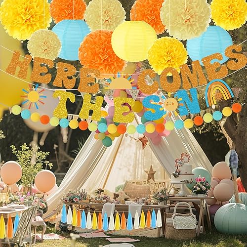 Miniatura 5 de TaoBary Banner de ducha con temática de «Here Comes The Sun» «Here Comes The Son» para baby shower, con pompones de seda, farol de papel, bohemio,
