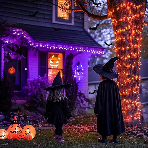 Miniatura 6 de JMEXSUSS 200 luces LED de Halloween para el aire libre, 66 pies, luces moradas y naranjas para decoraciones de Halloween, para interiores,