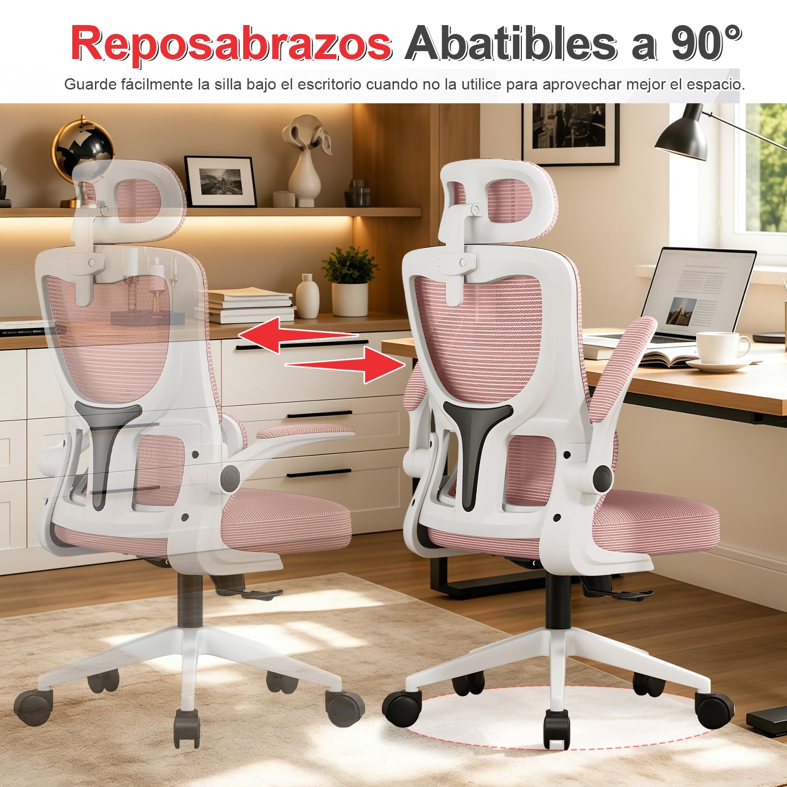 Silla Ergonómica de Oficina con Soporte Lumbar Adaptativo, Reposacabezas Ajustable y Reposabrazos Abatibles, Silla de Malla Reclinable para Oficina en Casa, Estudio y Gaming, Rosa