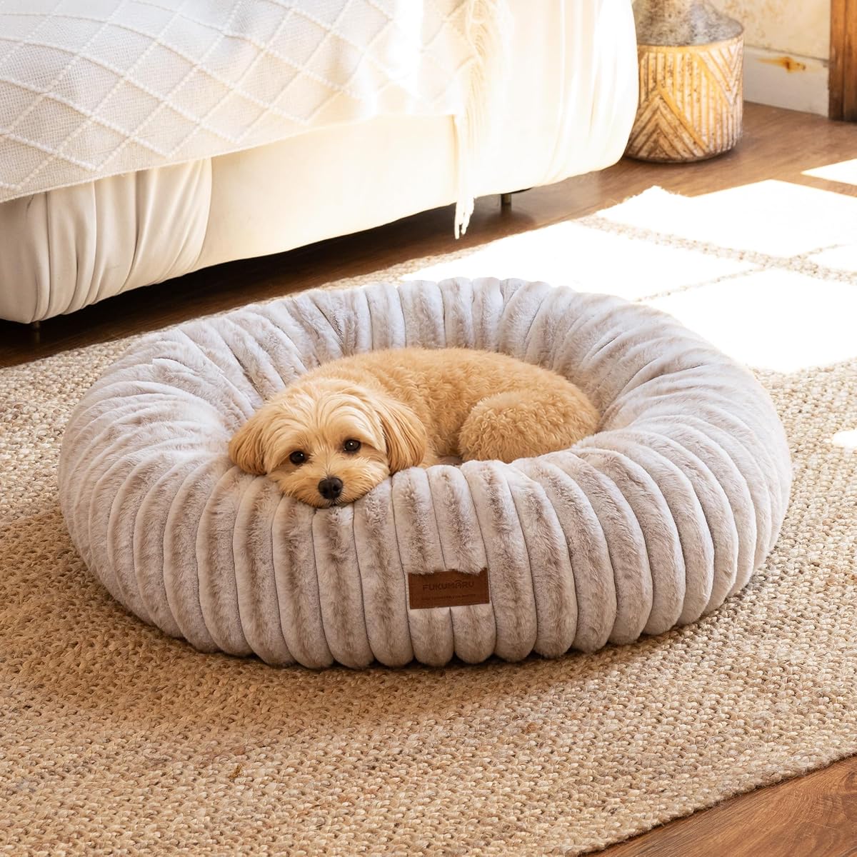 FUKUMARU Small Dog Bed, 25" Orthopedic Dog Bed for Puppies, Donut Cat Beds | Gradient Color Calming Donut Dog Beds for Small Dogs, Round Pet Bed with Washable Cover, Cute Cat Bed for Indoor Cats, Camel