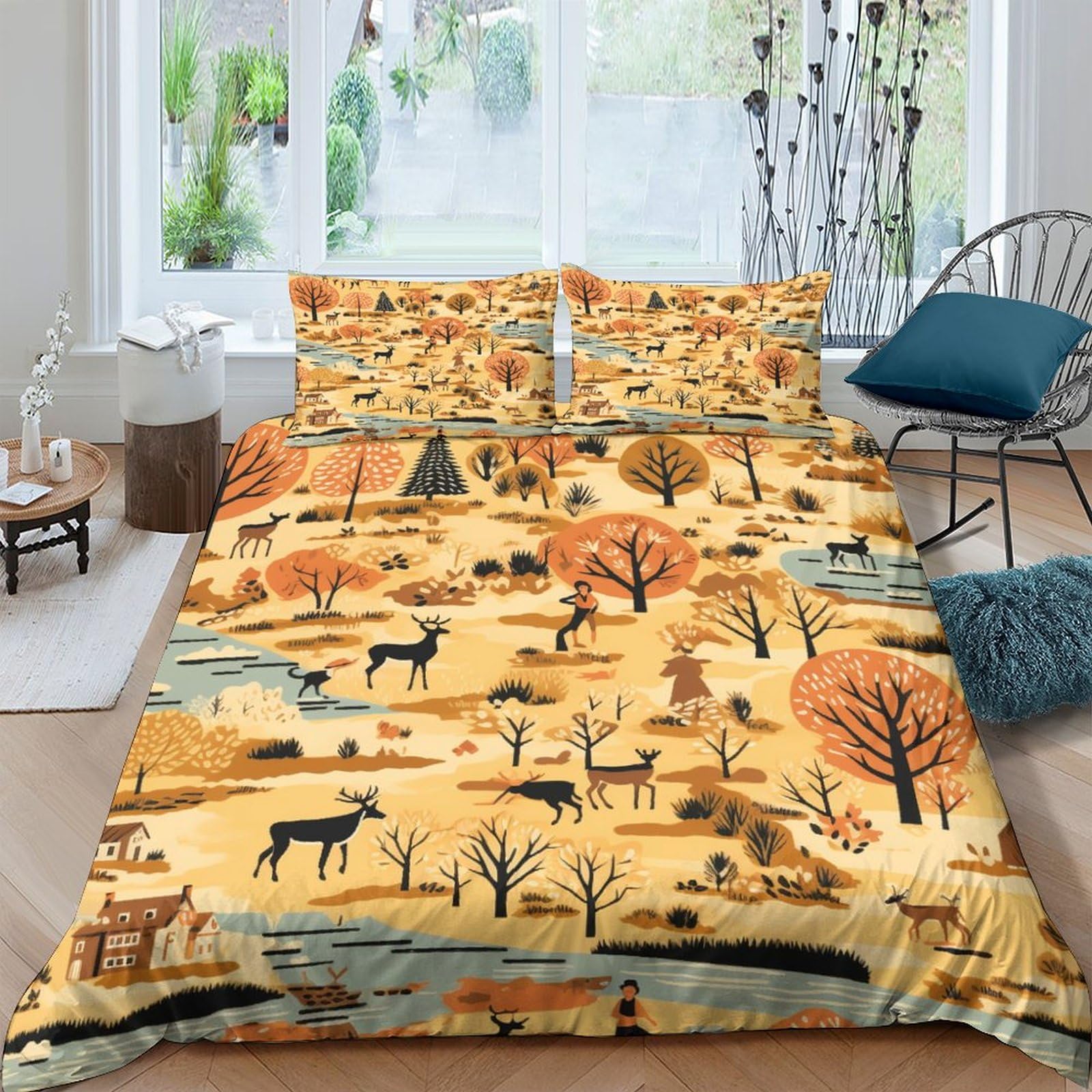 Housse de couette cerf 3D lit king linge de lit automne sauvage microfibre fermeture éclair