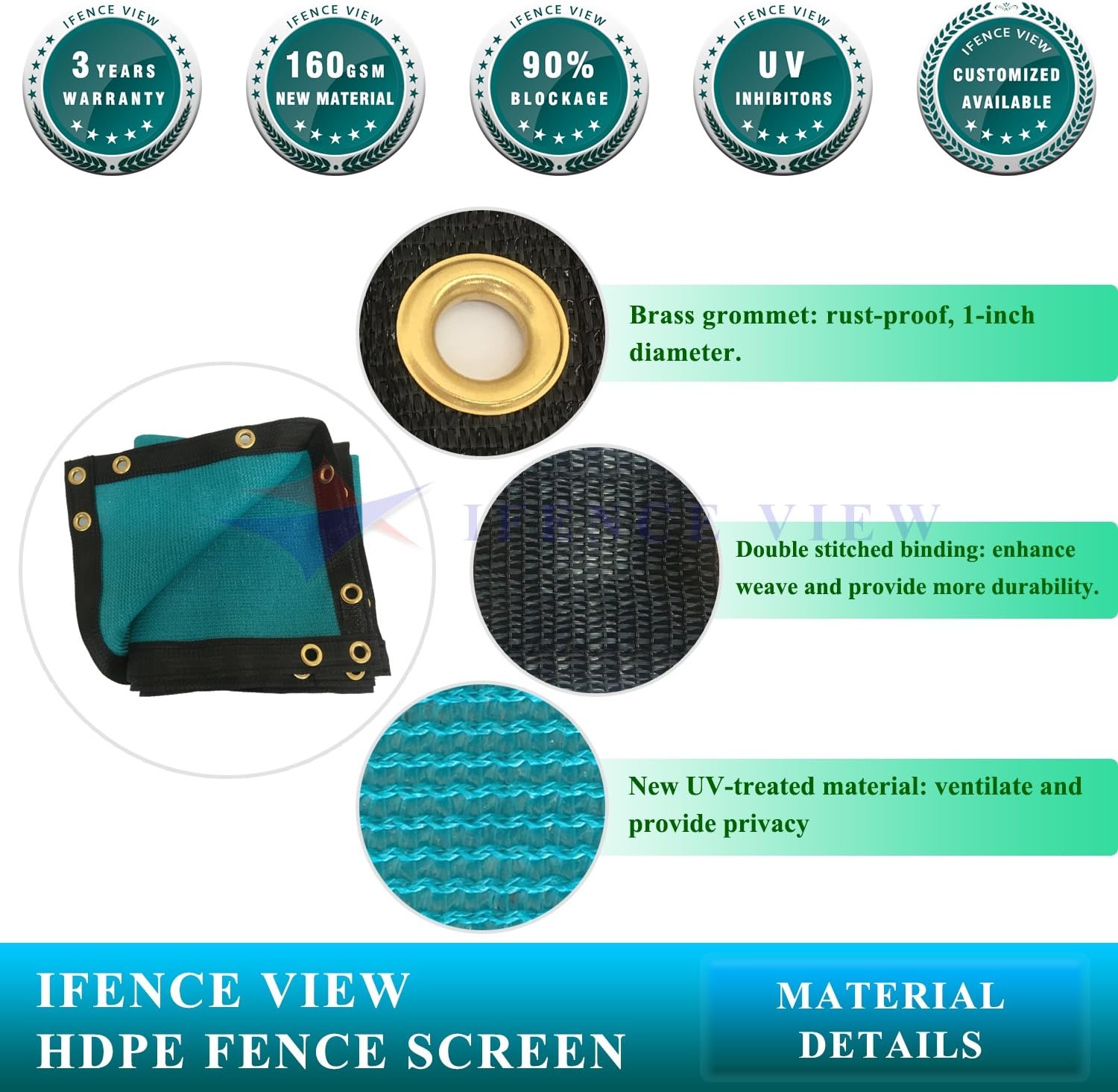 Ifenceview 8'x3' to 8'x100' Turquoise Green Shade Cloth Fabric Fence Privacy Screen Panels Mesh Net for Construction Site Yard Driveway Garden Pergolas Gazebo Railing Canopy Awning 180 GSM (8' x 100')