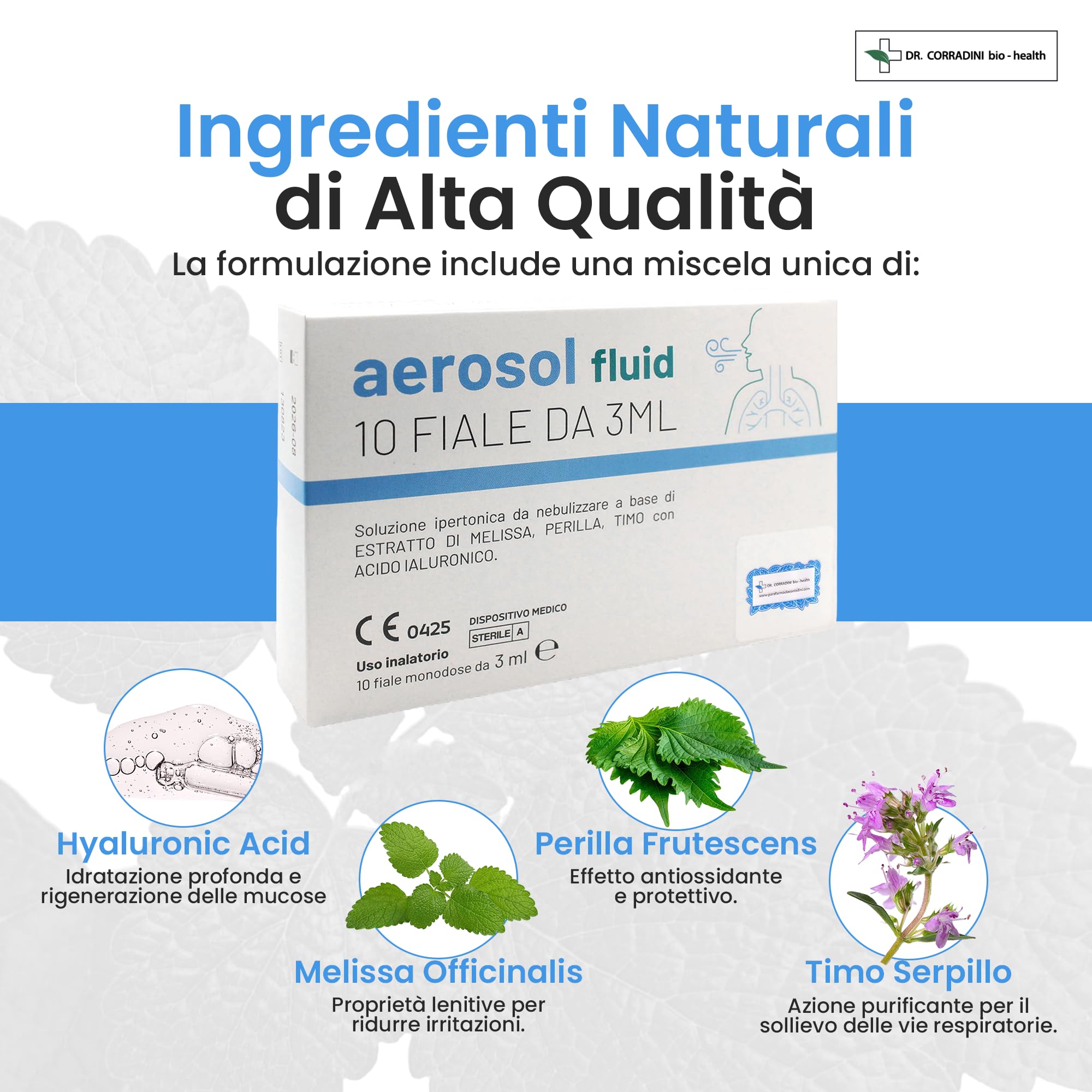 Dr. Corradini® Soluzione Fisiologica per Lavaggi Nasali con Acido Ialuronico Melissa Perilla e Timo Aerosol Lavaggio Nasale Adulti Bambini 10 Fiale