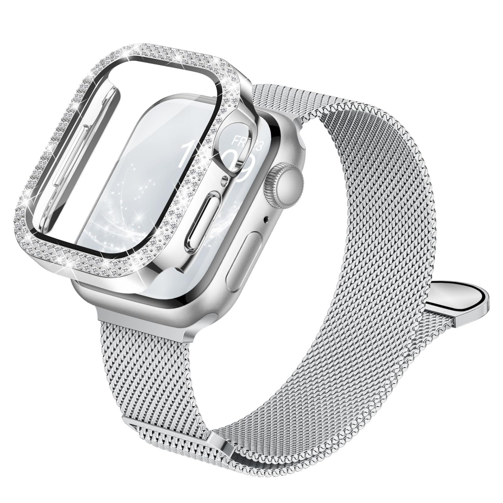 Compatible for Apple Watch Straps and Case Women, Magnetic Milanese Band and Double Row Diamond Screen Protector, Luxury & Versatile, Solve Boring Outfits, Eye-Catching for Work & Date