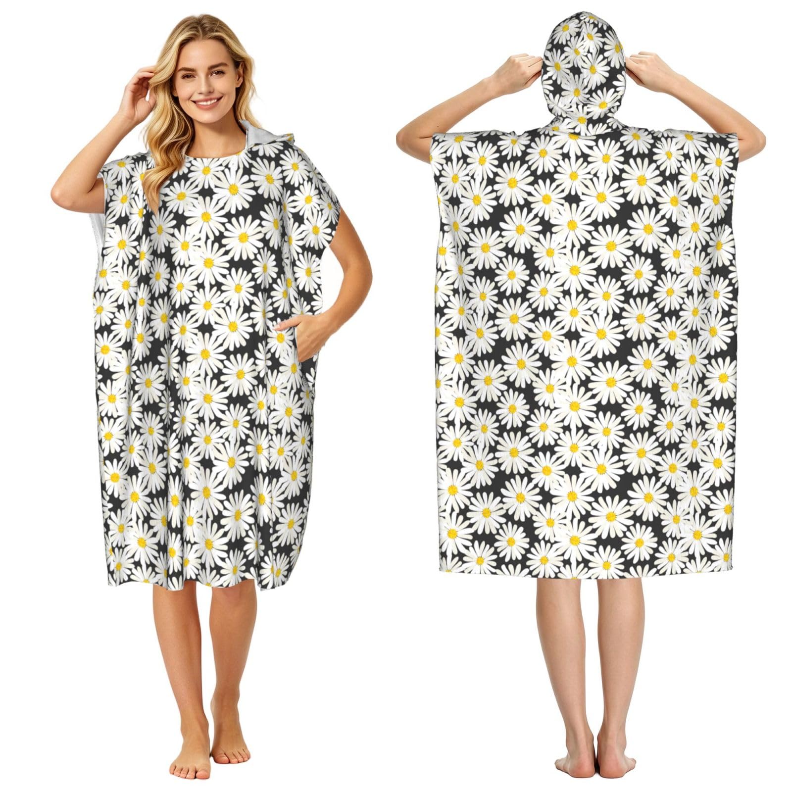 Poadnly Black White Daisy, Adult Hooded Beach Towel 90 x 110 cm,Changing Bath Robe, Surf Poncho Towel For Women Men
