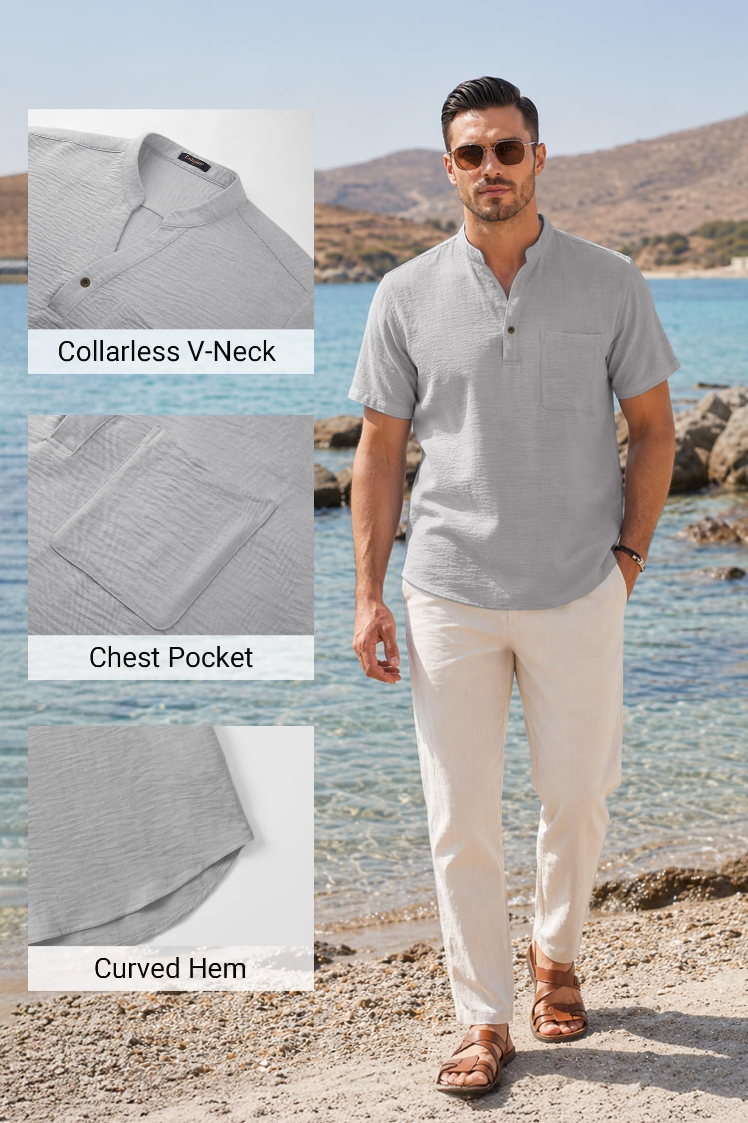 Enlision Camisa Hombre Manga Corta de Lino y Algodón, Camiseta Verano Hombre Cuello Mao Ligera y Transpirable, T Shirt Casual para Playa Vacaciones con Bolsillo, Silueta Holgada Tallas S-4XL