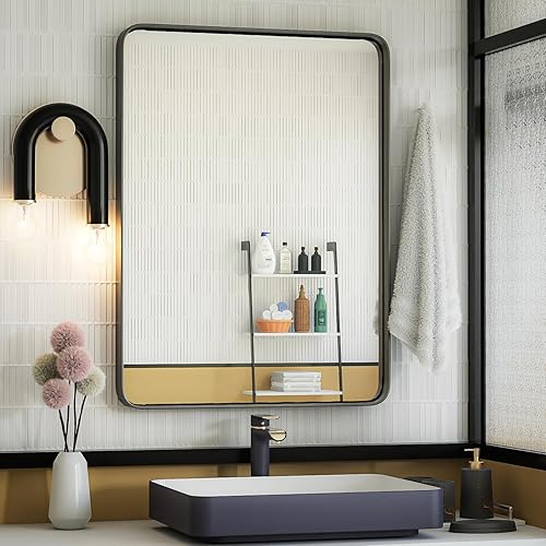 ISKM Espejo de pared con marco de metal negro para baño, espejo rectangular de esquina redondeada de 22 x 30 pulgadas, espejo de tocador para