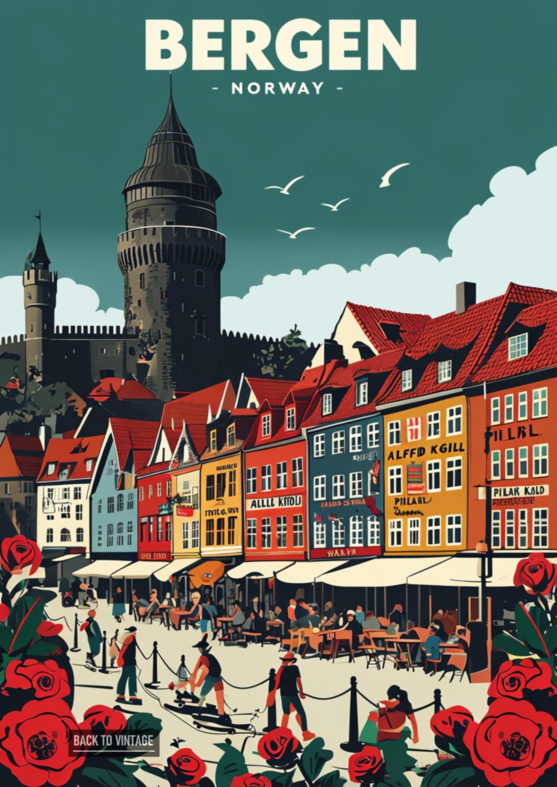 Vibrant Retro Illustration of Bergen's Charming Streets - A4 Wall Art, Inspirational World Map, Vintage City, Retro Poster, Home Decor for Living Room, Office, Gift Idea for Travel Lovers