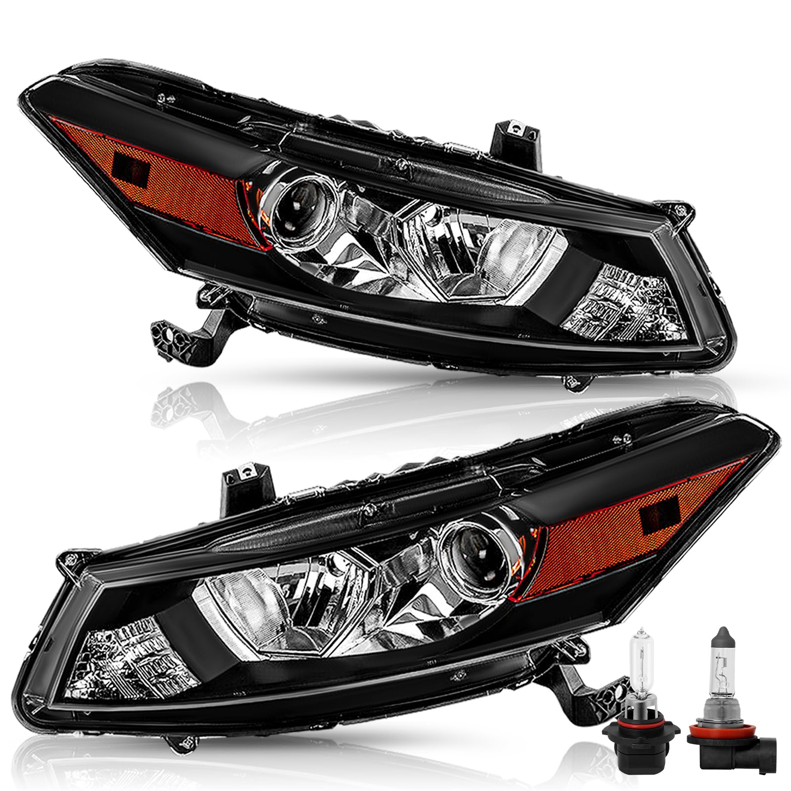 TUSDAR Headlight Assembly Pair [Bulbs Included] Compatible with 2008-2012 Honda Accord 2-Door Coupe OEM Projector Headlamp (Black Housing with Amber Reflector)
