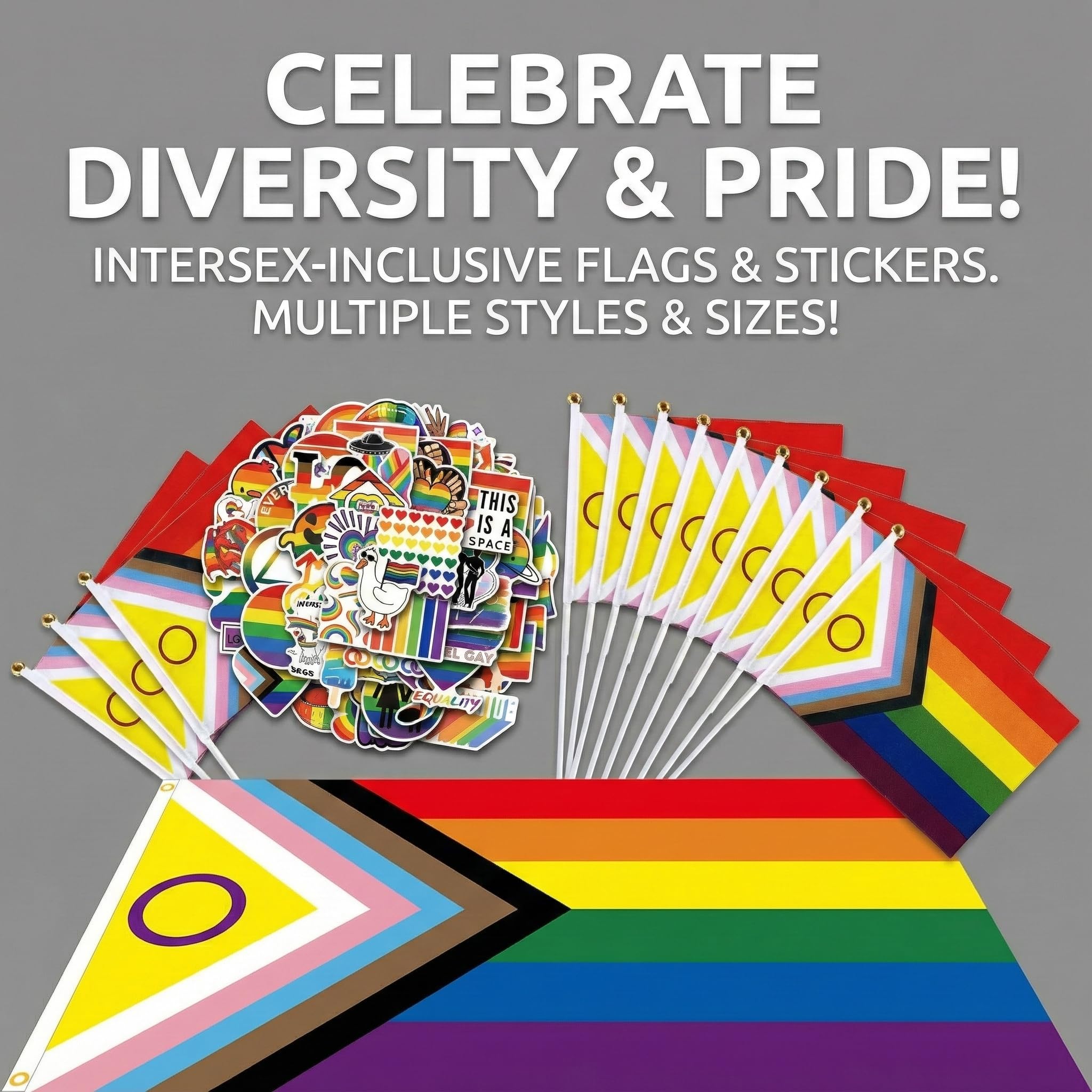 Set di Adesivi e Bandiera Rainbow per Orgoglio LGBTQ, 1 Bandiera Grande, 6 Piccole Bandierine e 55 Adesivi, Decorazioni per Feste e Celebrazioni