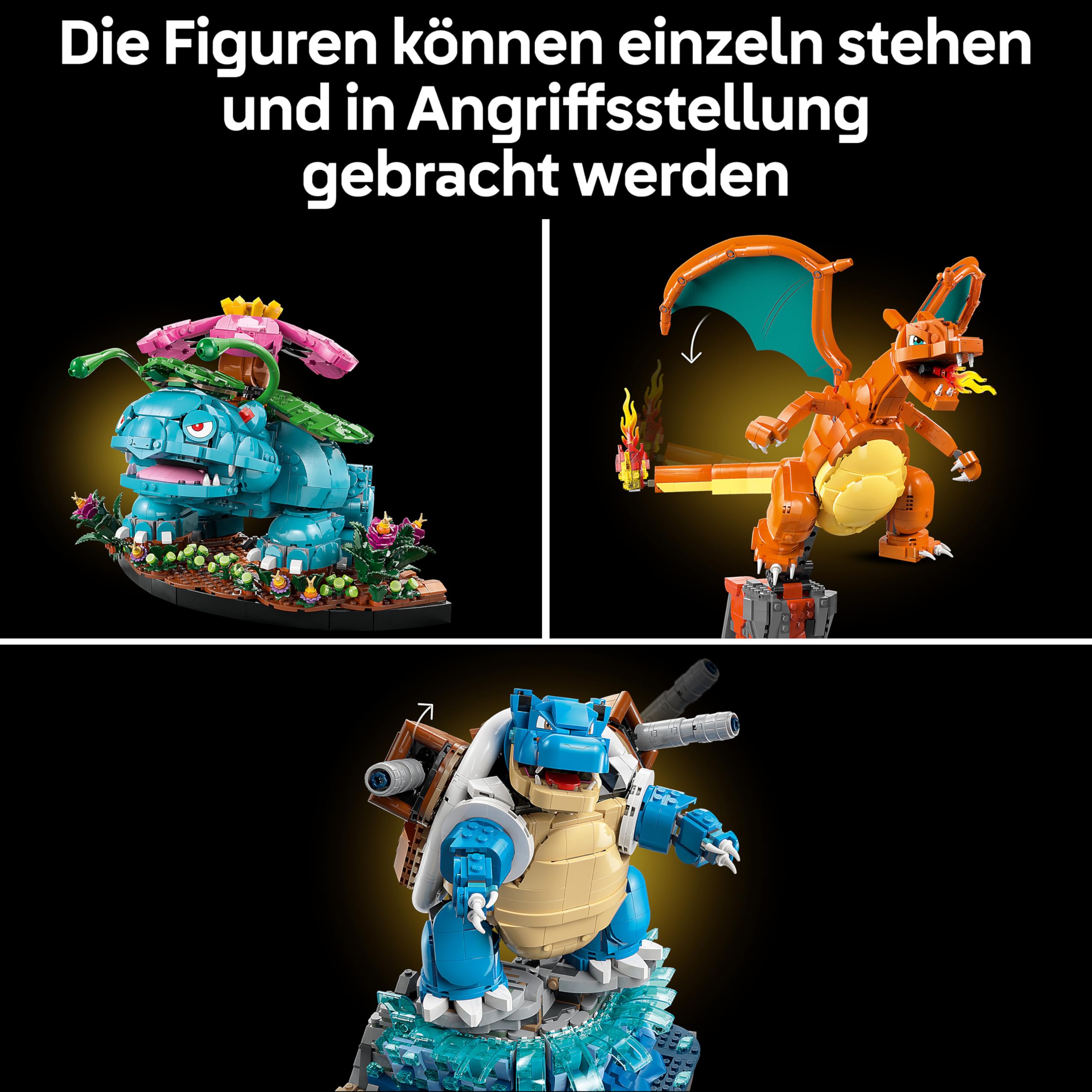 LEGO Pokémon Bisaflor, Glurak und Turtok - 3D Modellbau für Erwachsene - 3 Anime Figuren als DIY Deko für Schreibtisch oder Regal - Gaming Geschenkidee für Fans und Sammler - 72153