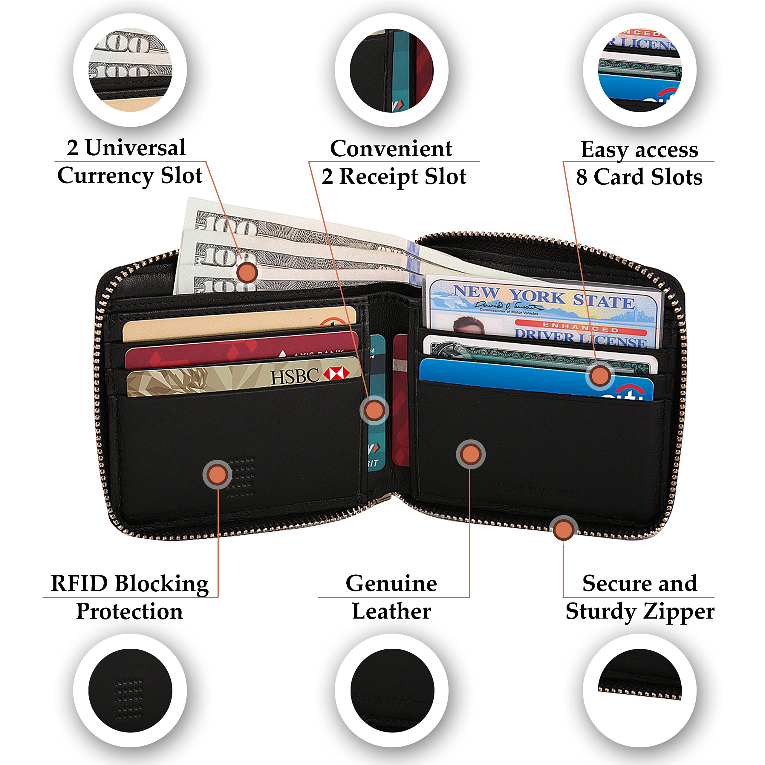 Maison De Noah Genuine Leather RFID Zipper Wallet for Men large capacity | Bifold Zippered Wallet & Card Holder | Slim Design Zippered Wallet and Premium Zipper | Ideal Gift for Men and Women (Black)