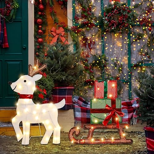 Joliyoou Decoración de Navidad 2D para patio, juego de 3 renos preiluminados con 60 luces LED blancas cálidas para puerta delantera de Navidad,