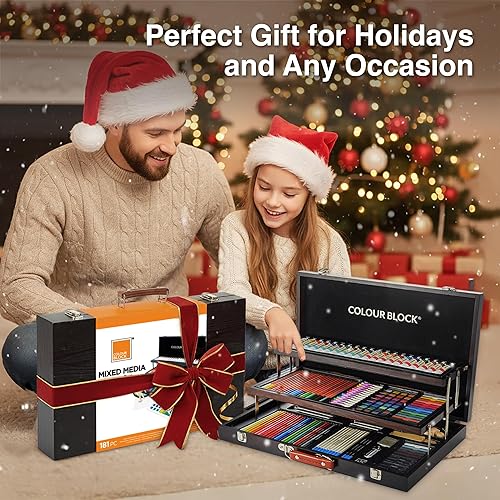 Miniatura 8 de COLOUR BLOCK Juego de arte mixto de 181 piezas en exquisita caja de madera, pinturas acrílicas y de acuarela, bocetos, lápices de colores, pasteles