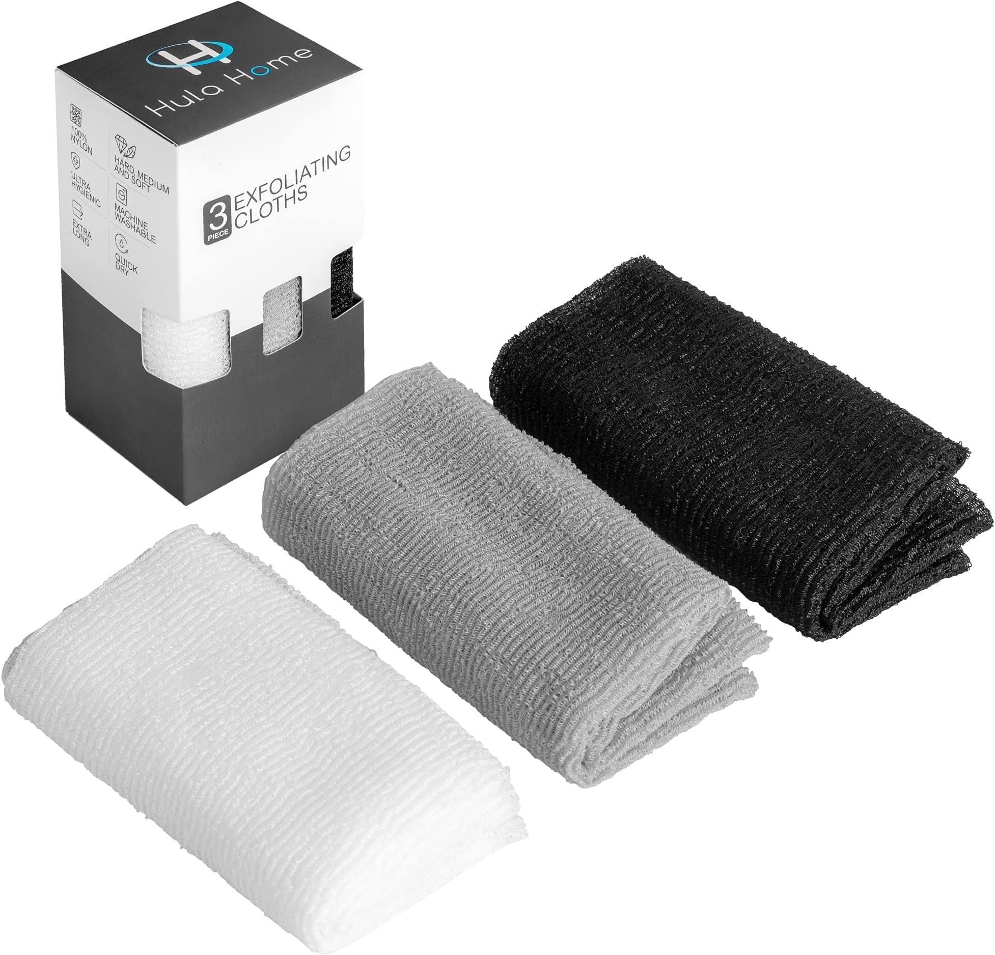 Soft, Medium, and Hard (3pc) Exfoliating Face and Body Wash Cloths Nylon Exfoliating Body Scrub Back Scrubber Towel Weave Bath Cloth for Body Beauty Exfoliating Washcloth for Women & Men by Hula Home