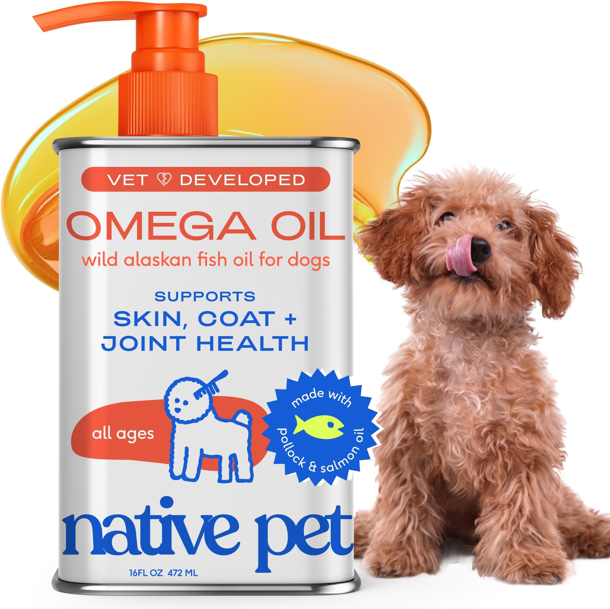 Omega 3 Fish Oil for Dogs & Cats - Promotes Healthy Skin, Shiny Coat, & Strong Joints - Made with Wild Alaskan Salmon Oil for Dogs – Tasty, Fast-Absorbing Omega 3 6 9 Liquid Supplement-16oz