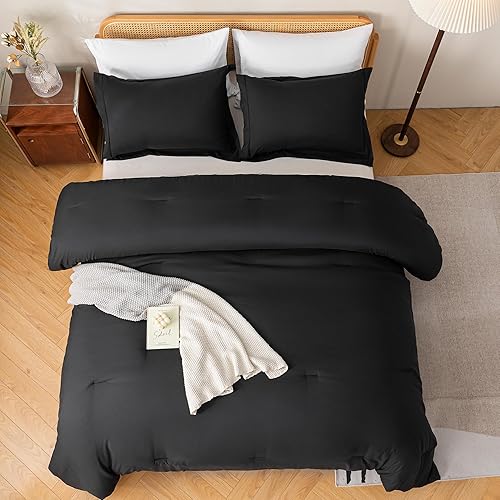 Miniatura 6 de JANZAA Juego de edredón negro de 5 piezas para cama individual en una bolsa, juego de edredón con sábanas de microfibra y funda de almohada