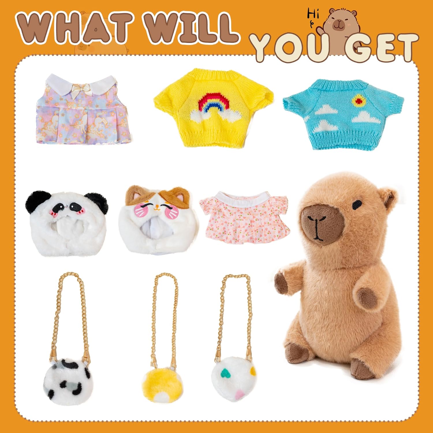 Capybara Plush for Boys Girls Birthday Dress Up Cute Plushies,10 Pcs Set,9 Clothes and Accessories Kawaii Stuffed Animal Plushie Toy, Soft Peluche Doll for Kids 10.2 in