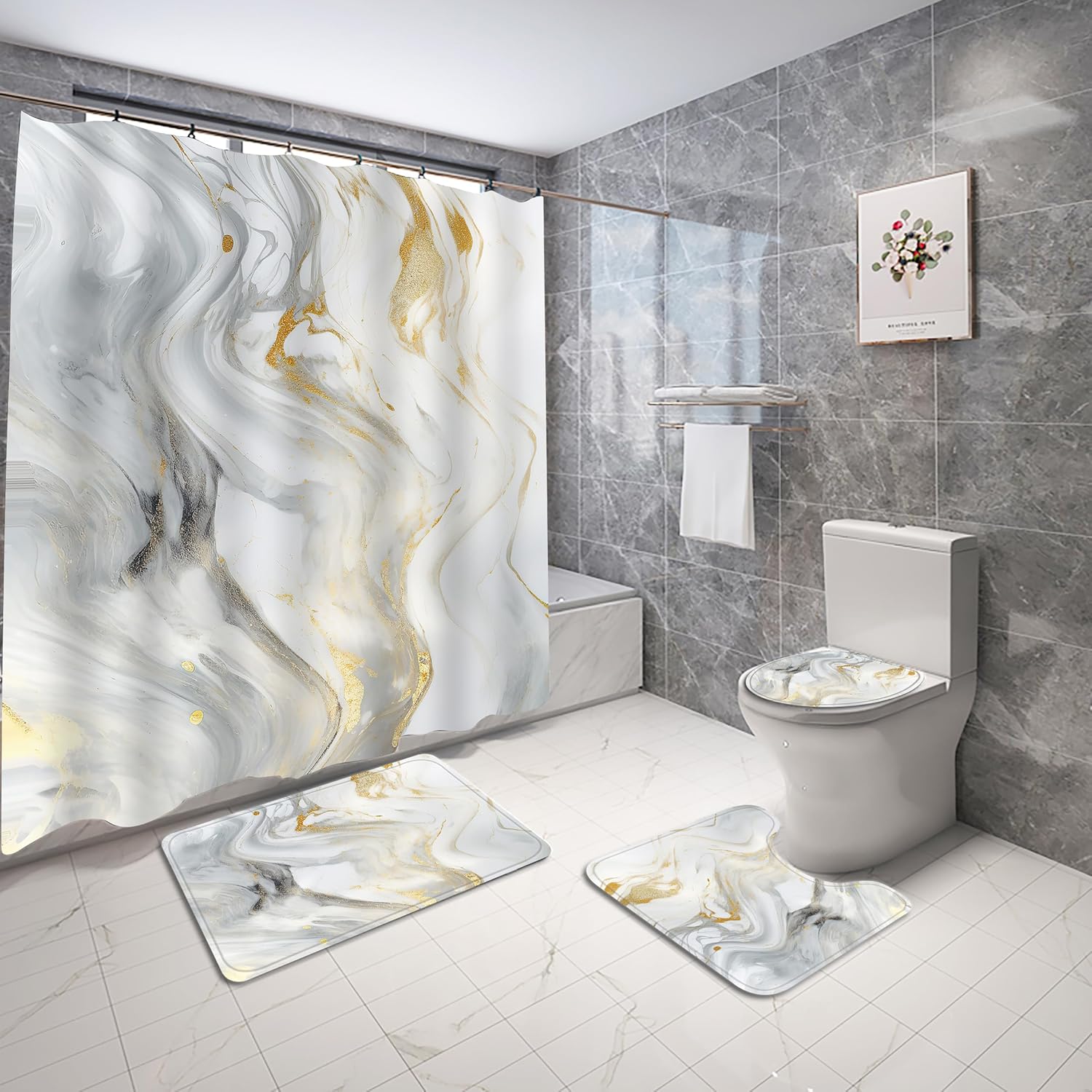 4Pcs Luxury Marble Shower Curtain Sets, Bathroom Sets with Shower Curtain, Toilet Lid Rug, Contour Mat and Bath Mat, Shower Curtain with 12 Hooks for Bathroom Set Decor