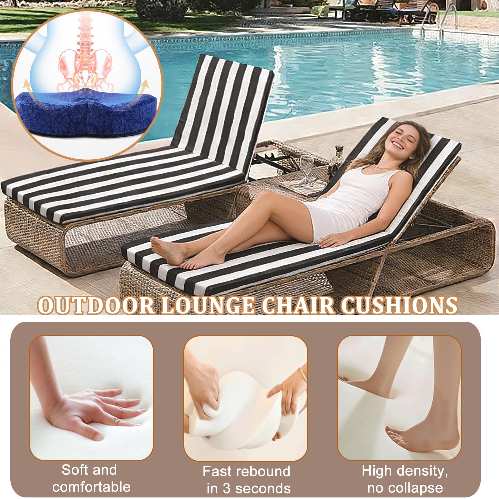 Imperméable 5 cm/8 cm, lavable, antidérapant, pour jardin, transats, balcons, canapés, matelas confortable de 170 x 60 cm