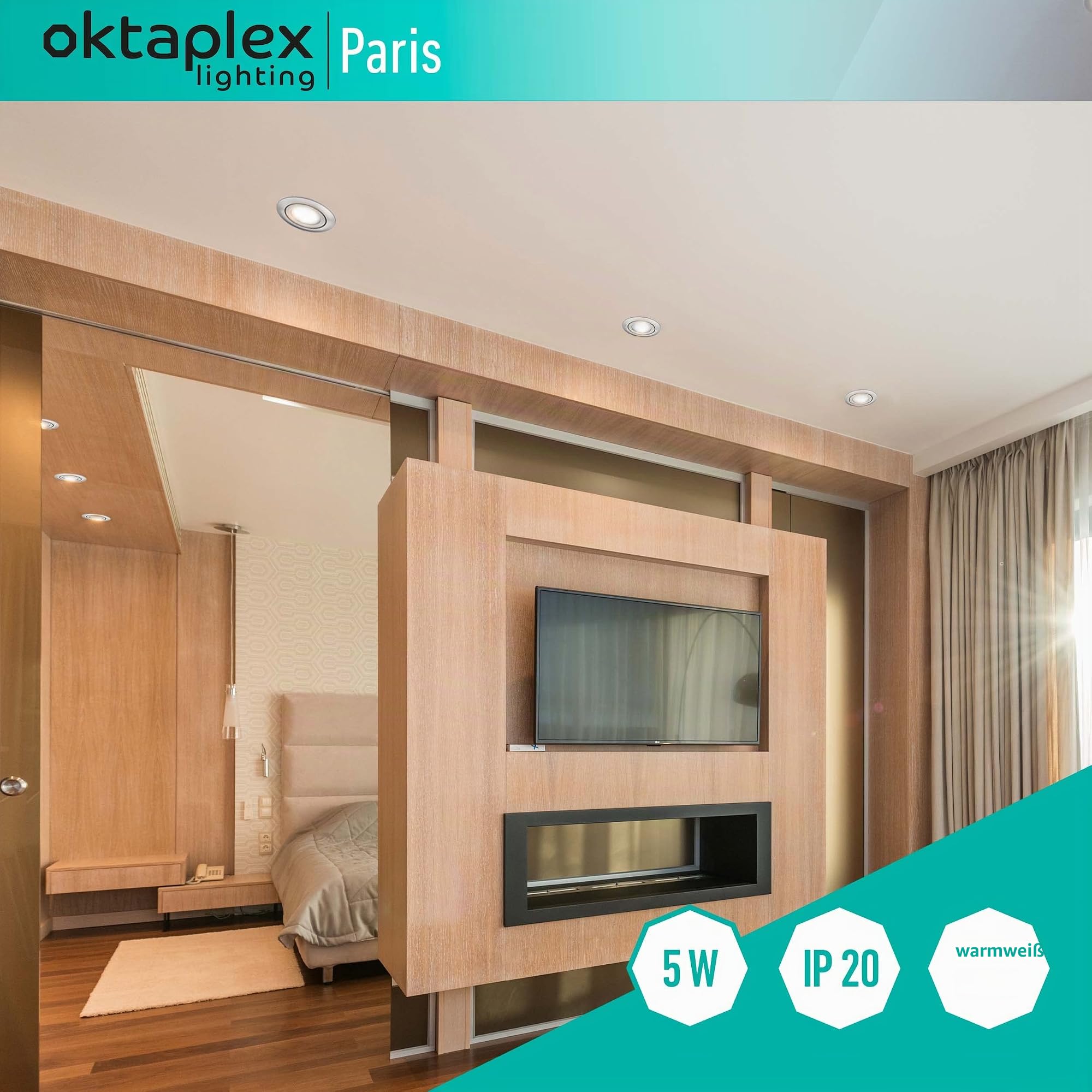Oktaplex 6er Set LED Einbaustrahler Paris 230V flach 5W 350lm Ra 90 | 3000K Warmweiß Ø 68mm Einbaudurchmesser Spots Decke schwenkbar Nickel gebürstet