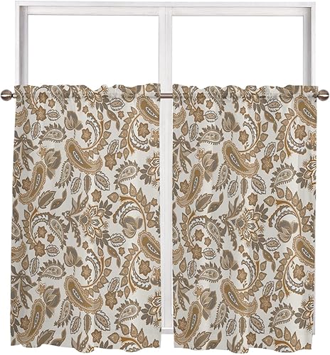 RisQiten Cortinas transparentes con estampado étnico de cachemira marrón para baño, juego de 2 paneles de 54 pulgadas de largo, cortinas de ventana