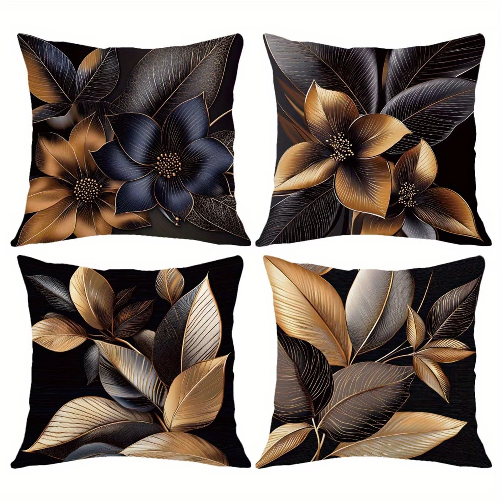 QiHon Cushion Covers 30x30 cm Set of 4 Brown Flowers Leaves Linen Square Pillow Cases 12x12 inch Modern Decorative Throw Pillow Covers for Sofa Couch Bedroom Home Office with Invisible Zipper