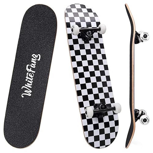WhiteFang Skateboards for Beginners, Complete Skateboard 31 x 7.88, 7 Layer Canadian Maple Double Kick Concave Standard and Tricks Skateboards for Kids and Beginners - Check