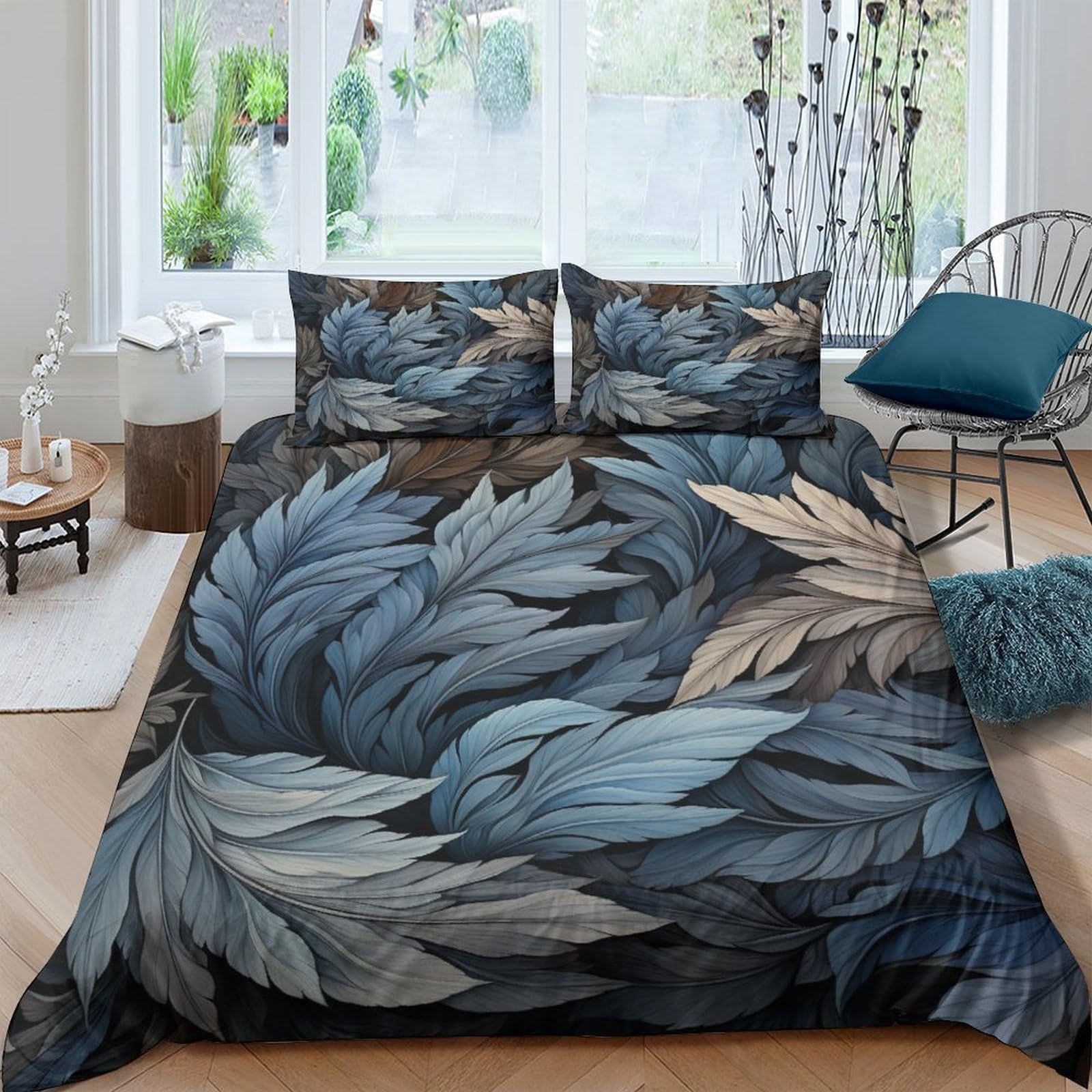 Housse de couette 3D bleu gris parure de lit microfibre drap de couchage 3 pièces