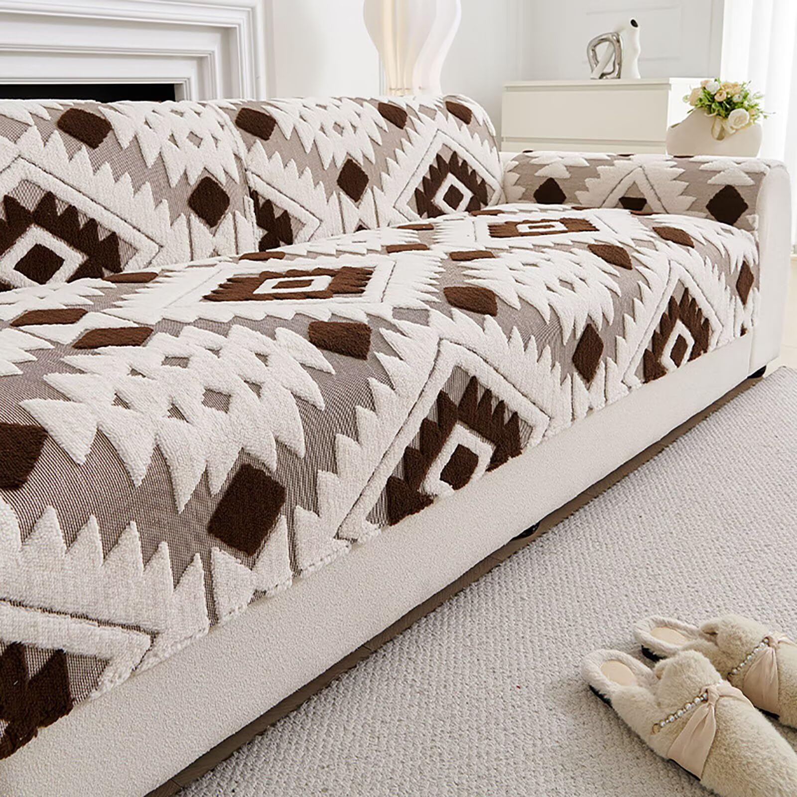 GuihcdknfuS Boho Sofa Cover, Soft Plush Non Slip Couch Cover, Settee Covers Washable, Sofa Slipcovers Pet Kid Friendly Furniture Protector for Living Room, dark brown, 110 * 240cm