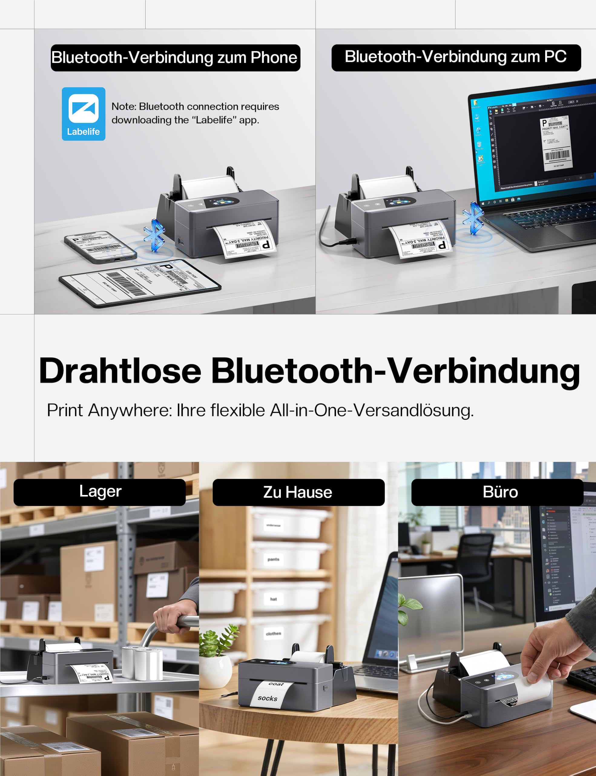 Phomemo Touchscreen Versandetiketten Drucker, PM64D Bluetooth Label Printer | Etikettendrucker DHL, Labeldrucker 4x6, Thermodrucker für Barcode, Kompatibel mit Amazon, Vinted, DHL, DPD, UPS, FedEx, Grau