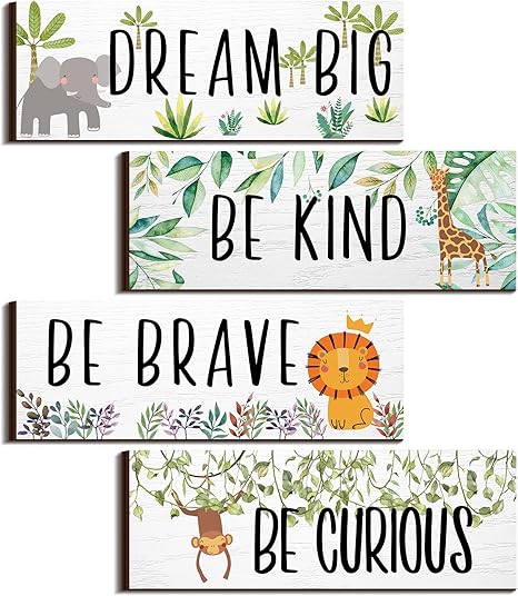 4 Pieces Woodland Nursery Decor Safari wall art Be kind brave curious Cute Jungle Animal Nursery Decor for Bedroom living room home 11x 3.9 Inches(Lively Animals,White Background)