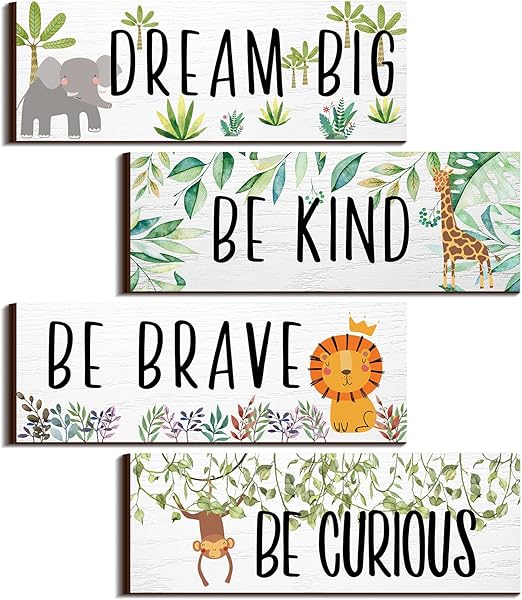 4 Pieces Woodland Nursery Decor Safari wall art Be kind brave curious Cute Jungle Animal Nursery Decor for Bedroom living room home 11x 3.9 Inches(Lively Animals,White Background)