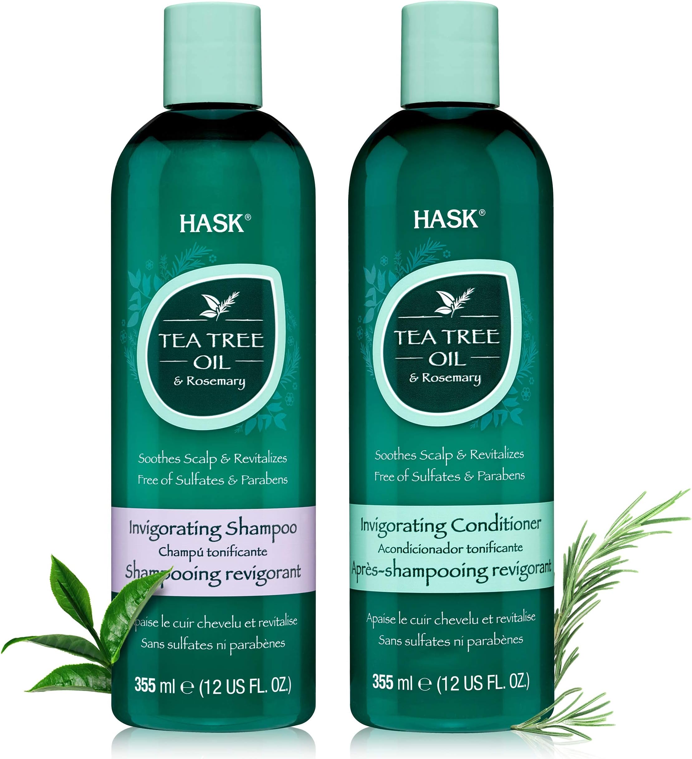 HASK Tea Tree Oil & Rosemary Invigorating Anti Dandruff Shampoo And Conditioner 355Ml | For Dry Itchy Scalp | Sulfate & Paraben Free