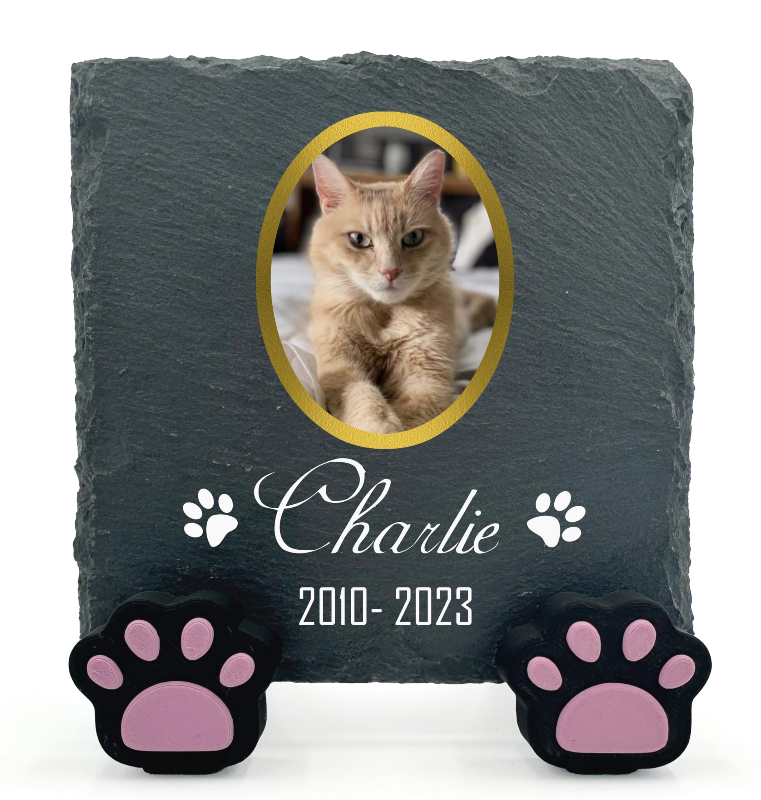 TULLUN Personalised Individual Square Memorial Small Plaque with Paw Stand For Pet Cat Dog Slate Stone Frame Grave Marker - Size 3.94" x 3.94" or 100 x 100 mm - Gold Frame Photo