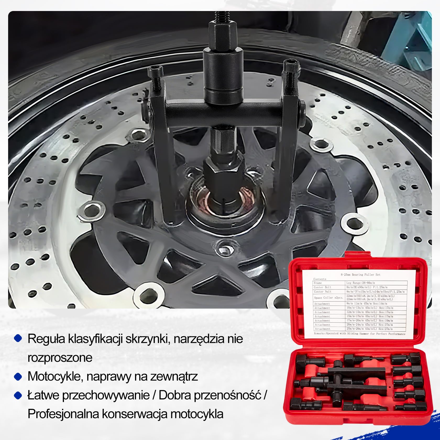 CarBole Zestaw ściągaczy do łożysk wewnętrznych do motocykla, 10 sztuk, 8–25 mm, zestaw ściągaczy do łożysk wewnętrznych, wkładka pilota młotka ślizgowego, wyciągacz otworów ślepych, uniwersalny do