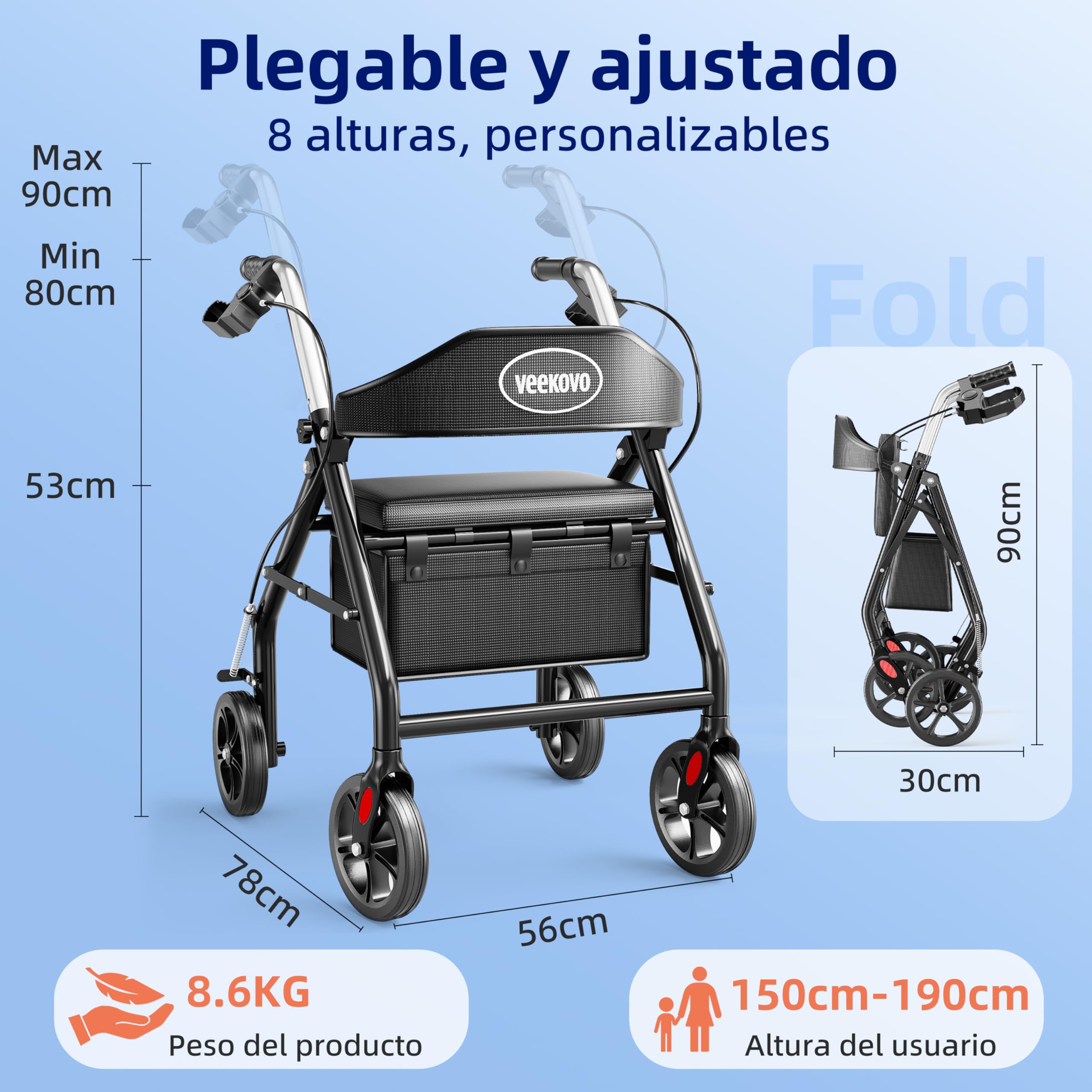 Andador plegable y ligero con asiento, Caminador de ruedas con frenos, Bolso, Ayuda para caminar plegable, Ruedas de goma grandes de 20 cm para todo el terreno. (DW4)