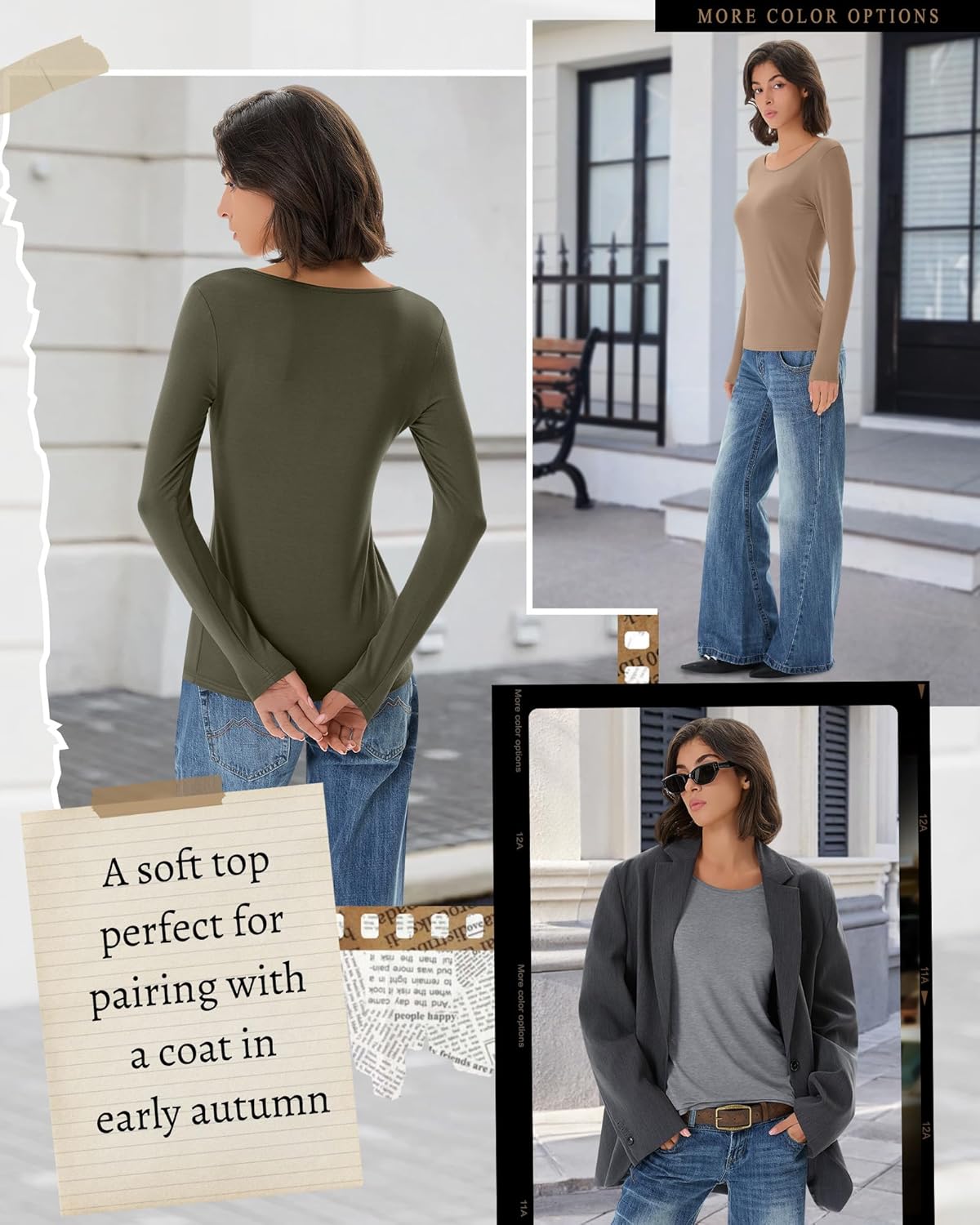 5 Pack Women's Long Sleeve Shirts Scoop Neck Tops Slim Fit Stretchy Undershirts Casual Base Layer Multipack - Image 6