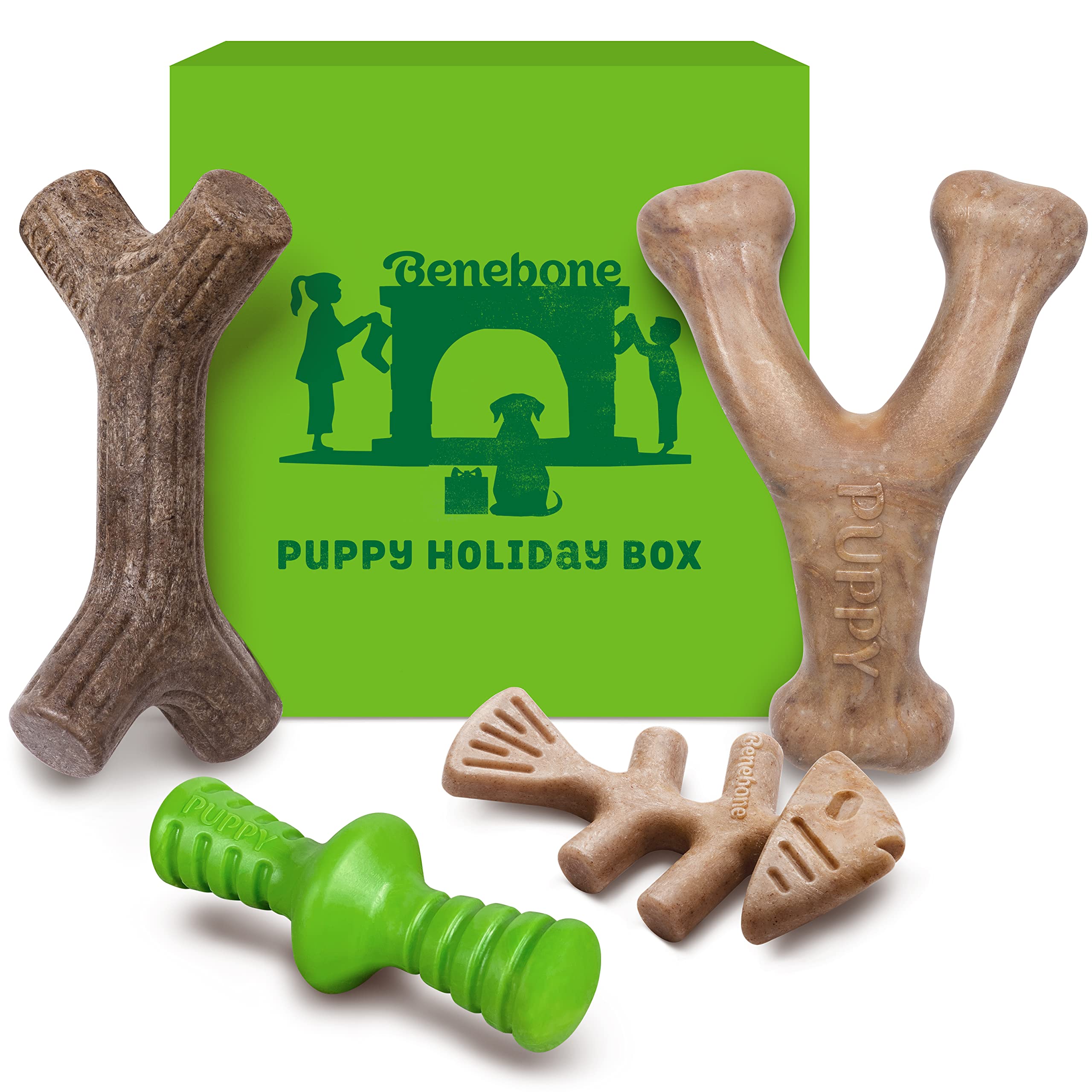 BeneboneDurable Puppy Chew Toy Box for Aggressive Chewers with Wishbone, Fishbone, Stick & Zaggler