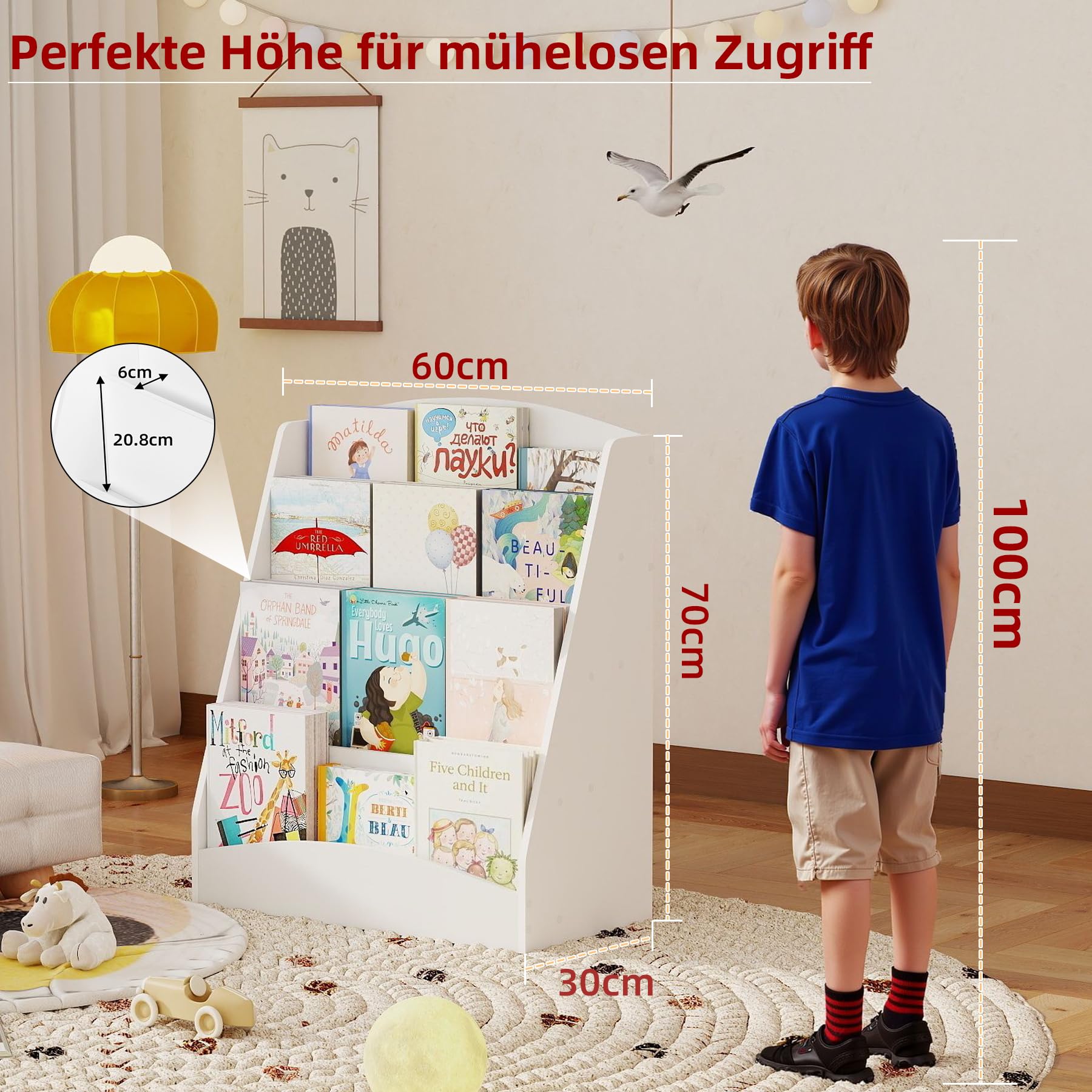 1 Stück Bücherregal Kinder mit 4 Offenen Fächern, Buchregal Bücher Regal Kinderregal Kinderzimmer Aufbewahrung Kinderzimmerregal für Kinderzimmer/Wohnzimmer/Arbeitszimmer/Weiß/60x30x70CM(BxTxH)