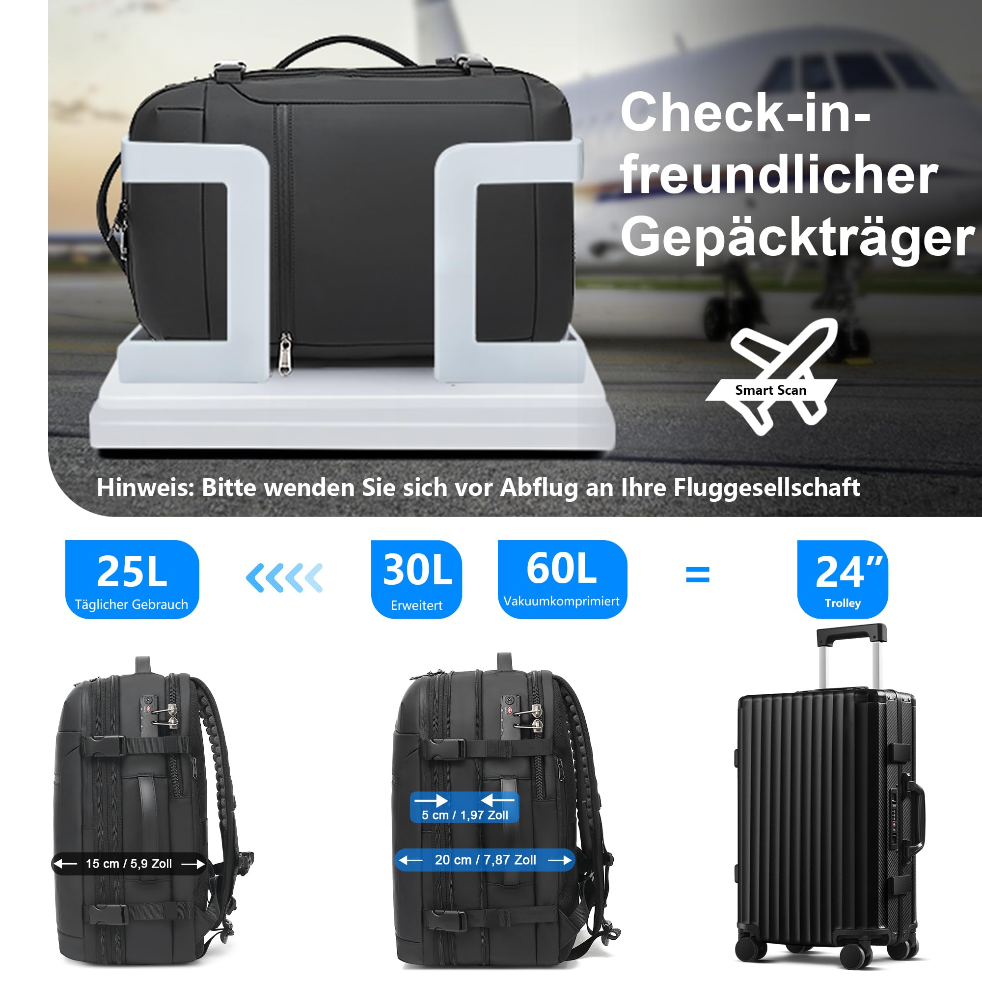 Zaino da viaggio sottovuoto, zaino espandibile a compressione sottovuoto da 60 litri, zaino impermeabile per laptop con lucchetto TSA e pompa a vuoto,nero
