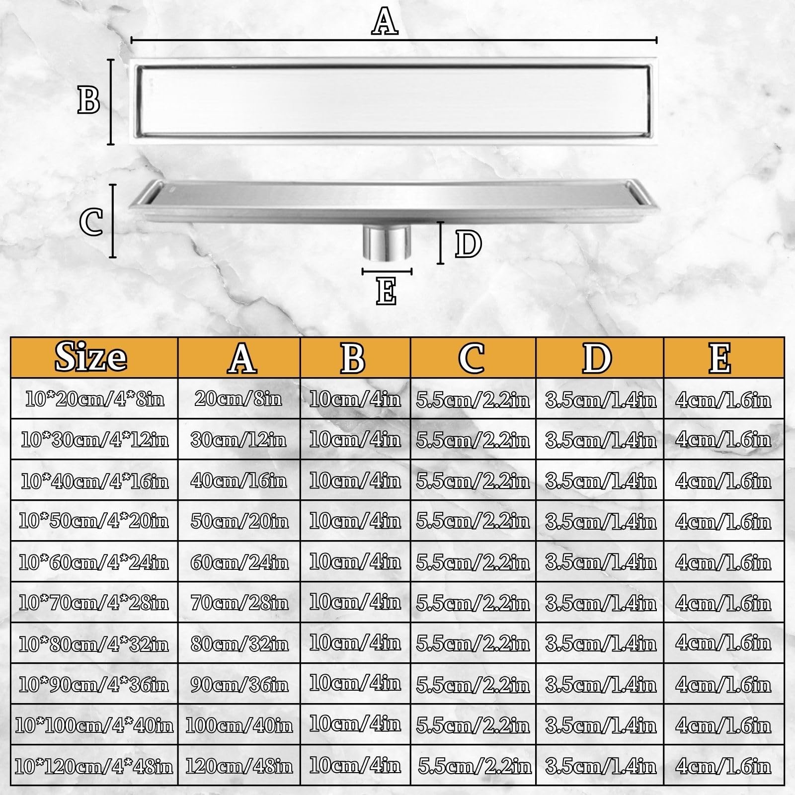 Canaleta de Ducha 10cm de Ancho Desagüe de Piso Uso Positivo y Negativo con Extraíble Anti-Obstrucción Filtro Fácil Instalación for Balcón Cocina Baño Garaje Plateado(10 * 80cm)